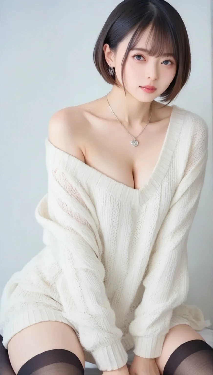 (real light:1.4), (highest image quality:1.0), (超High resolution:1.0), 10, RAW photography, (master-piece:0.2), (pureerosface_v1:0.5)、(best quality detailing:1.2)、reality、8k UHD、high-res、(1girl in:1.2)、Special details lurking、High quality surface、intricate detailed、detaild、Very Detailed CG、high quality shadow、detailed beautiful delicate face、Description: Beautiful delicate eyes、deep depth of field、Ray Thrashing,Coquettish smile, A very happy smile...., oily shiny skin, s big eyes, Highlights in students, lipgloss, clear double eyelids, eyelashes, long neck, Beautiful short hair, Glossy brown hair, Dark Brown, oily shiny skin, clean bangs, clean collarbone, Cleaning ??? Bones, New pink knitwear, Clothes that seem to be visible, But invisible...., Overwhelming charm, Interesting natural light, 19 years old,Women's fashion clothes