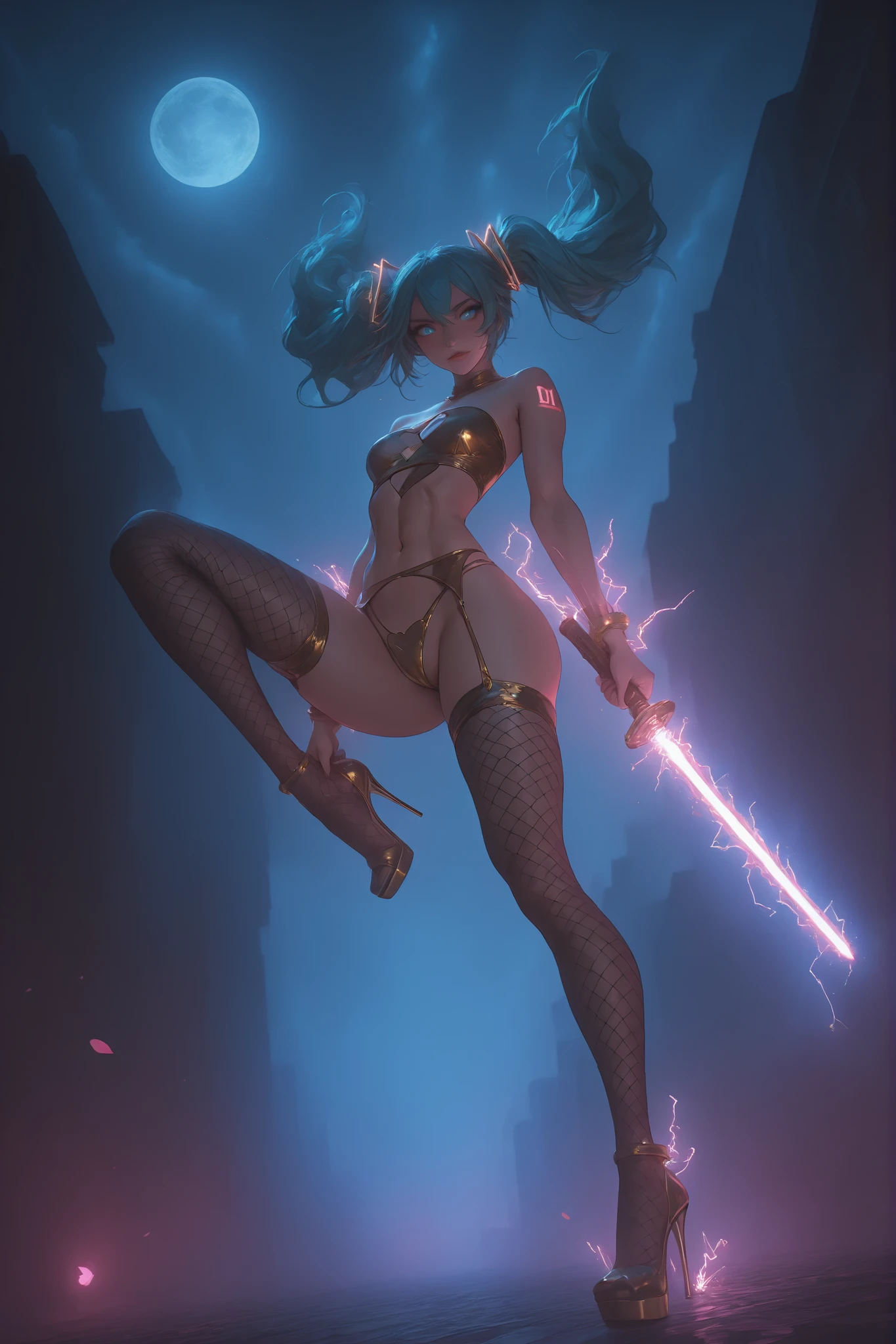 Expressive,electricity, lightning, glowing,,(masterpiece, detailed:1.2) hatsune miku) (((beautiful face))),((beautiful lips))), wields a shimmering (( blue light saber))- futuristic light sword. (((toned sexy body))) thin golden strapless bra, (((((tight thin golden thong with heart cutout)))), garter belt, fishnet stockings, stripper platform high heels. She is in battle position in the middle of an futuristic city at night. Cherry petals float around, mixed with golden spiritual sparks. The full moon shines brightly in the sky. realistic style with strong contrast of light and shadow, (((epic atmosphere))). Full body (((epic poster))) (((epic wallpaper))) (((epic battle))) slicing a building in half