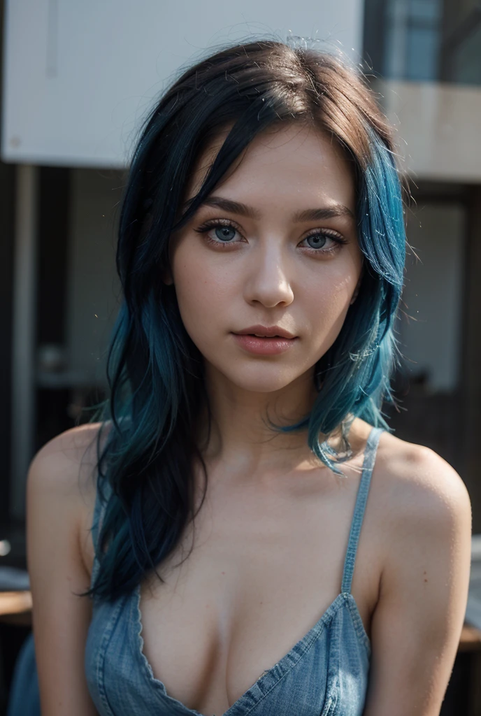 (Best quality, Ultra detailed, Golden ratio, Masterpiece:1.2), Theatrical lighting:0.7, Photo of a woman, colors hdr, Perfect rare face, (Highly detailed skin), blue hair, Hide your mouth with your hands、Ridicule, skin texture, Pale skin, shiny skin, (thin, large size:1.2), [:(Sharp focus on rare face, perfect eyes:1.2):0.2], photorealistic, film grain, sitting, gym, full body sportswear