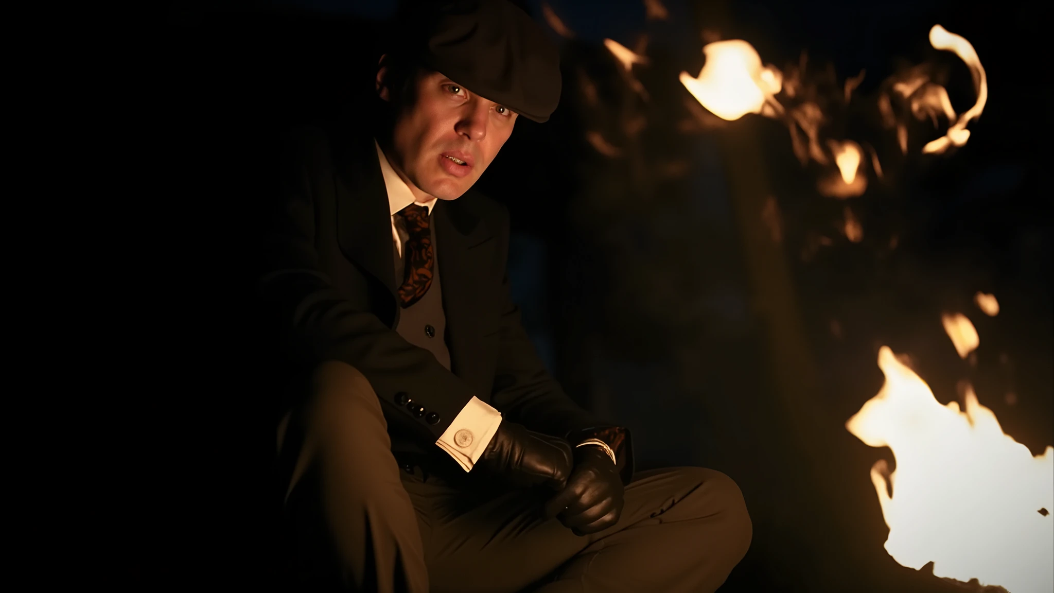 cinematic portrait of a man in a 1920s suit and tie sitting near a fire, warm orange light reflecting on his face, wearing leather gloves and a flat cap, dark background, noir lighting, detailed shadows, emotional intensity, ultra realistic 8K tone mapping