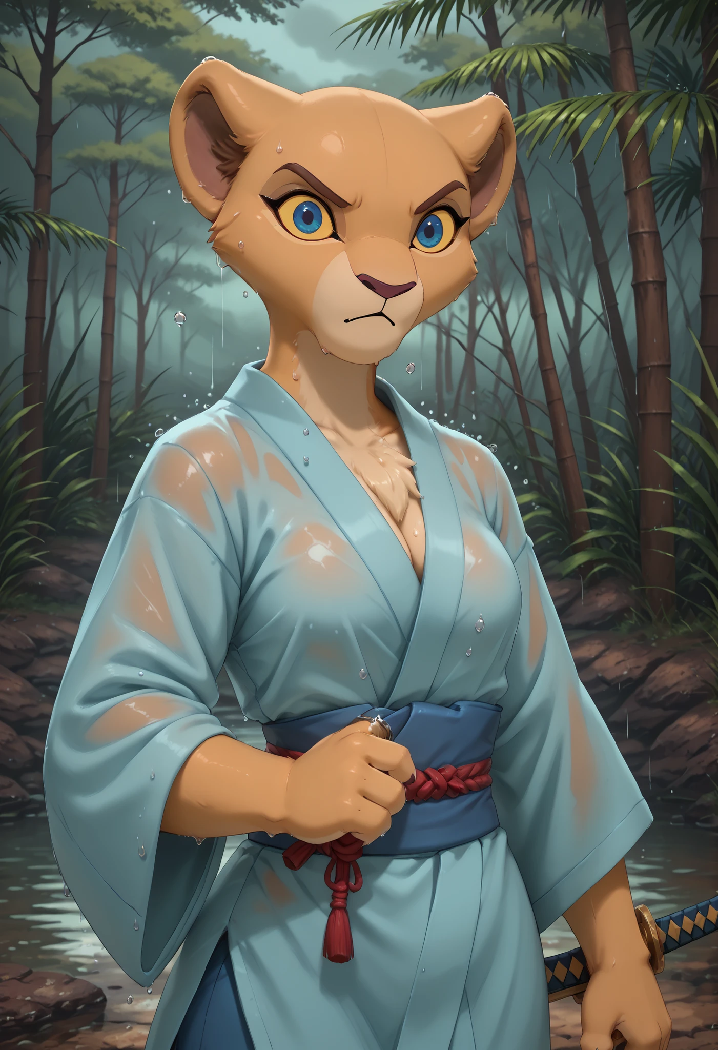 solo, score_9,score_8_up,score_7_up,kiara,lioness , ((female)), (anthro), masterpiece, best Quality, samurai, japanese clothes, chest_sarashi, sarashi, serious, action pose, katana, holding sword, (((slashing))), attack, battoujutsu stance, stop motion, The moment I swung the sword, swinging_weapon, saya (scabbard), holding sheath, rain, wet clothes, wet hair, wet skin, bamboo forest, dense bamboo, water drop, slow water drop, suspended water droplets, Slashed bamboo, Slashed water drop, upper body, pov, cut at bamboo, slow bamboo,