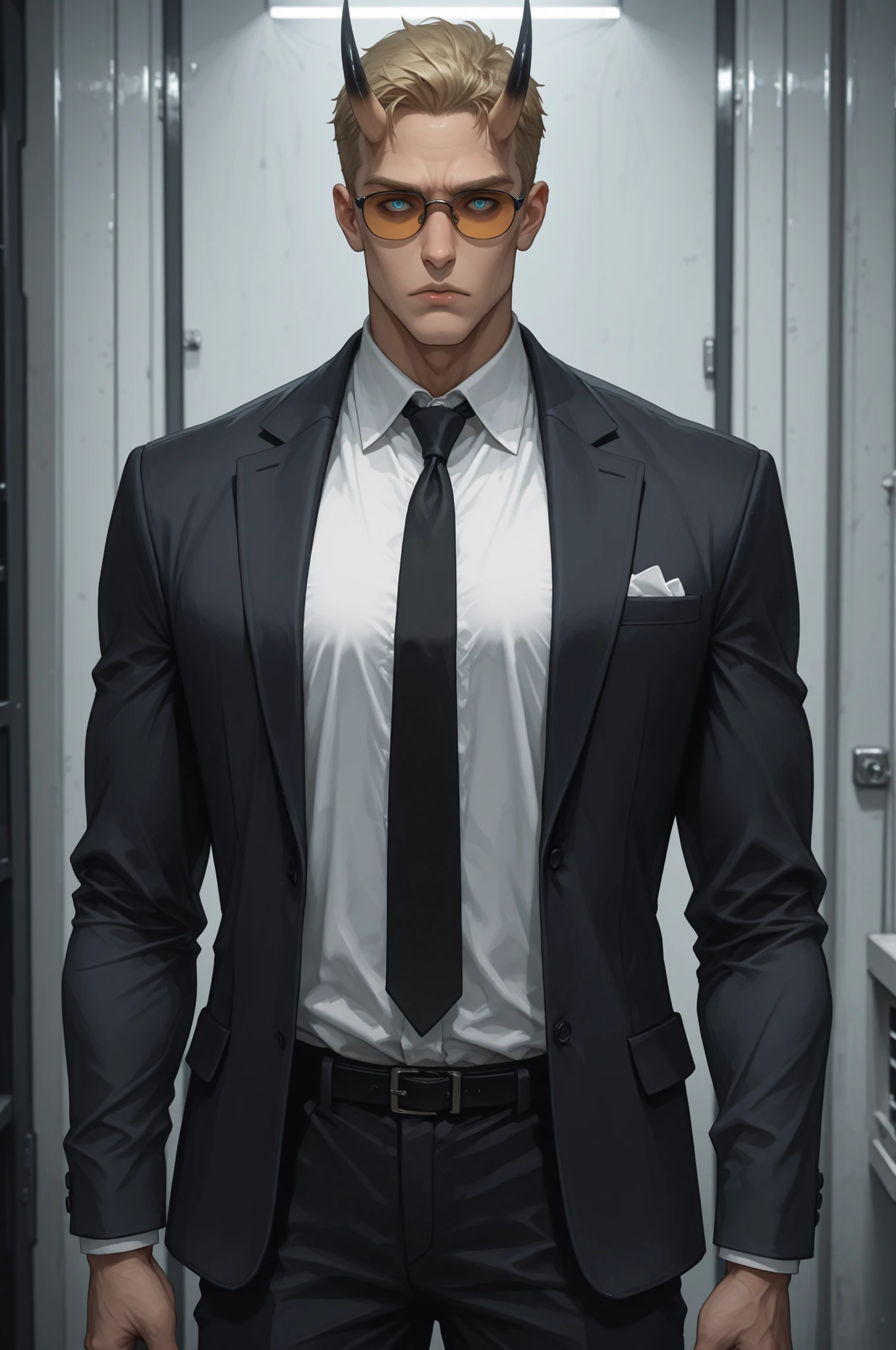 safe_pos, score_9, score_8_up, score_7_up (zPDXL3)  Stable_Yogis_PDXL_Positives,  BREAK inside, Facility, government_facility, command room

1guy, solo, tall, (light_skin_tone:1.3), muscular_arms, short_hair, blonde_hair, black nails, Oni_horns, long_fangs, tired_expression, hollow_eyes, blue_eyes, standing, (Missing_left_arm:1.3), white_shirt, black_tie, suit_pants, black_blazer, sun_glasses, side_view, looking at viewer, Mature looks, 8k, (masterpiece) Expressiveh