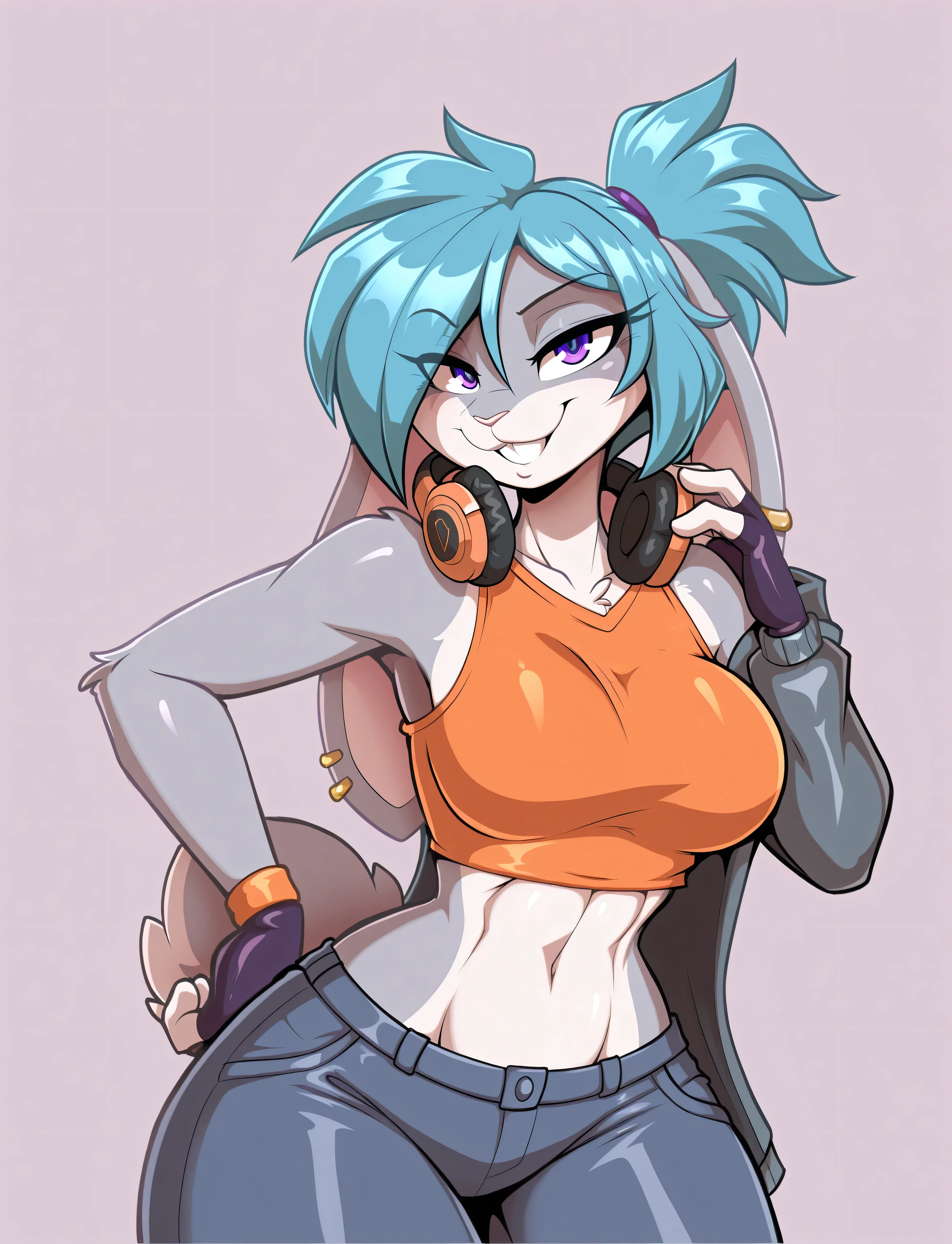 (solo), anime/manga style, best quality, high resolution, absurdres, BREAK, (adult), uploaded on danbooru, uploaded on e621, [by rick griffin:0.5], (by viviziepop), [by zeekzag], by sssonic2, [by mastergodai:0.2], [by chalo:0.32], by r-mk, [by joaoppereiraus:0.6], [by jrvanesbroek:0.4], (sassy smile, sexy but adorable smile), (cute, adult), (female), (anthro), (rabbit, rabbit tail), (floppy ears, lop ears), (single color body, single tone color body, grey body, only grey color for body:1.2), (violet eyes, bedroom eyes), (medium hair with short ponytail), (blue hair:1.2), (hair over eye), (waist jacket, grey jacket, orange shirt, midriff, red jeans), adorable/cute buckteeth, (headphones rested around neck), fingerless gloves, ear piercings