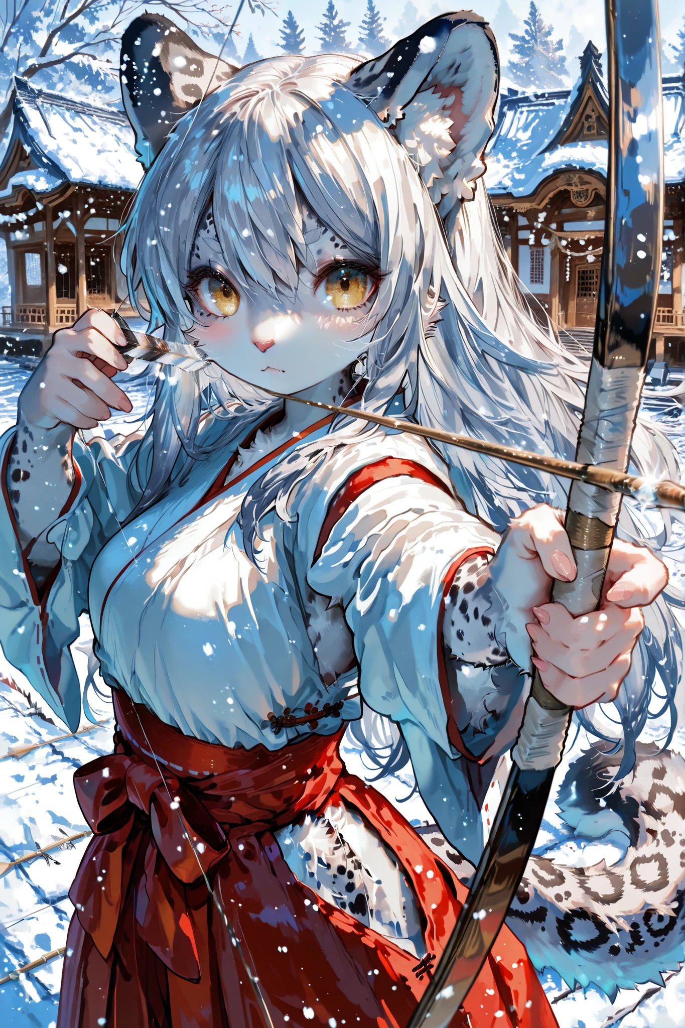((extreme detaild cinematic poster)), (masterpiece, detailed:1.2), perfect eyes, gold eyes, highest quality, Ultra High Quality, 64k, solo,
Beautiful and delicate girl, beautiful bule eyes, ((bule eyes)), visible fangs, long hair, silver hair, tall, thin, cute, kawaii, voluptuous, Snow leopard ear, Snow leopard tail, (furry), furry body hair,
wearing miko outfit, long hakama, bule outfit, archer stance, holding bow, Draw a bow,
standing in a calm pose, resting her bow, bow in hands, drawing bow (weapon), aiming side, arrow (projectile),bow (weapon),holding bow (weapon),aiming,
BREAK.
shrine maiden furniture, shrine maiden background, outdoor, side view,
BREAK,
beautiful background, depth of field, ((beautiful lighting)), clean line art, gentle atmosphere, perspective, (detailed lighting), rim lighting, ((sharp focus)), solo, beautiful light, 15:00, day time, SFW, Cinematic. correct eyes, beautiful eyes, symmetrical eye,