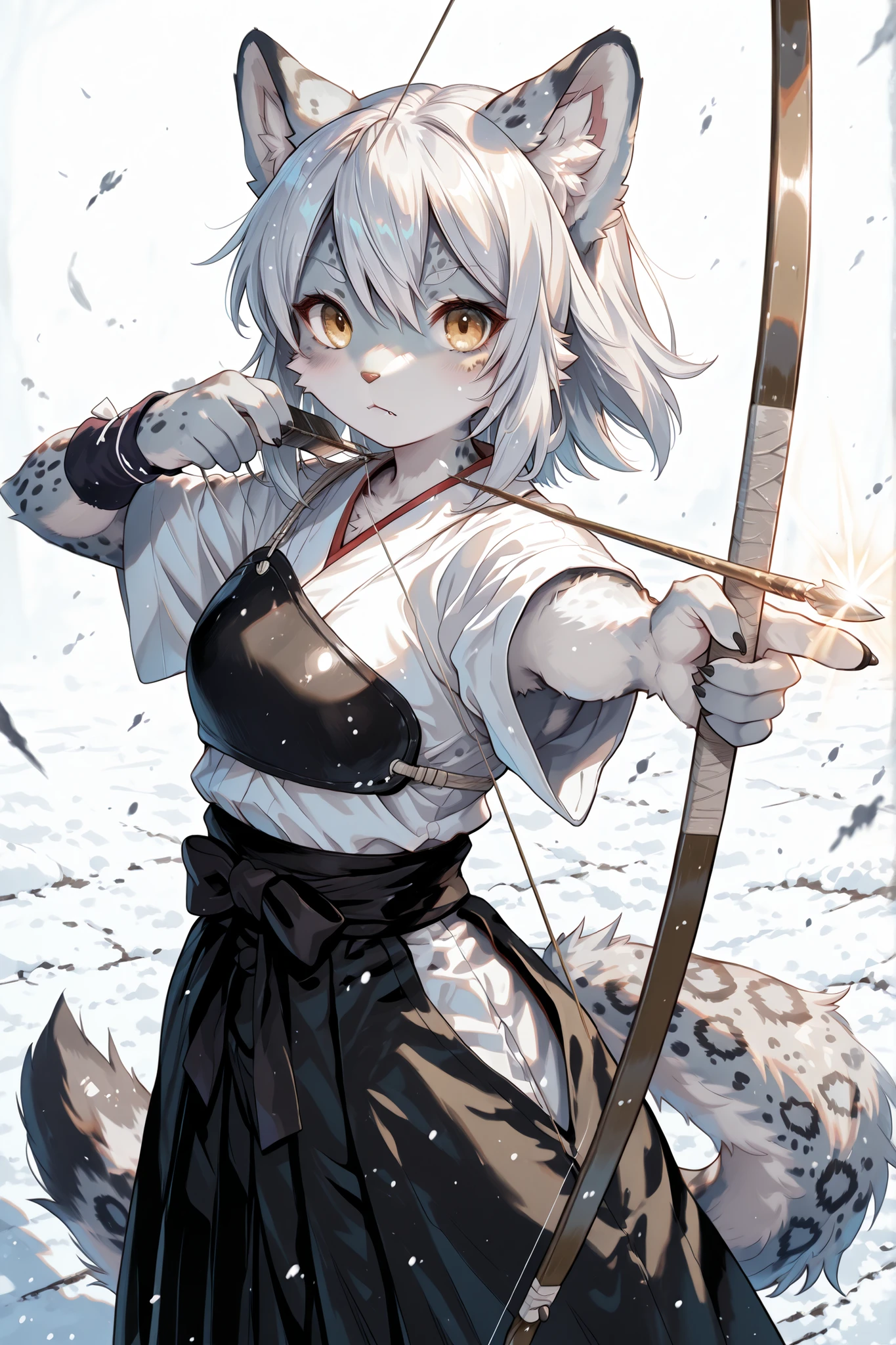 ((extreme detaild cinematic poster)), (masterpiece, detailed:1.2), perfect eyes, gold eyes, highest quality, Ultra High Quality, 64k, solo,
Beautiful and delicate girl, beautiful bule eyes, ((bule eyes)), visible fangs, wolf cut, silver hair, tall, thin, cute, kawaii, voluptuous, Snow leopard ear, Snow leopard tail, (furry), furry body hair,
wearing bule miko outfit, looking viewer, archer stance, holdig bow, Draw a bow,
standing in a calm pose, resting her bow, bow in hands, drawing bow (weapon), aiming side, arrow (projectile),bow (weapon),holding bow (weapon),aiming,
BREAK.
shrine maiden furniture, shrine maiden background, outdoor, side view,
BREAK,
beautiful background, depth of field, ((beautiful lighting)), clean line art, gentle atmosphere, perspective, (detailed lighting), rim lighting, ((sharp focus)), solo, beautiful light, 15:00, day time, SFW, Cinematic. correct eyes, beautiful eyes, symmetrical eye,