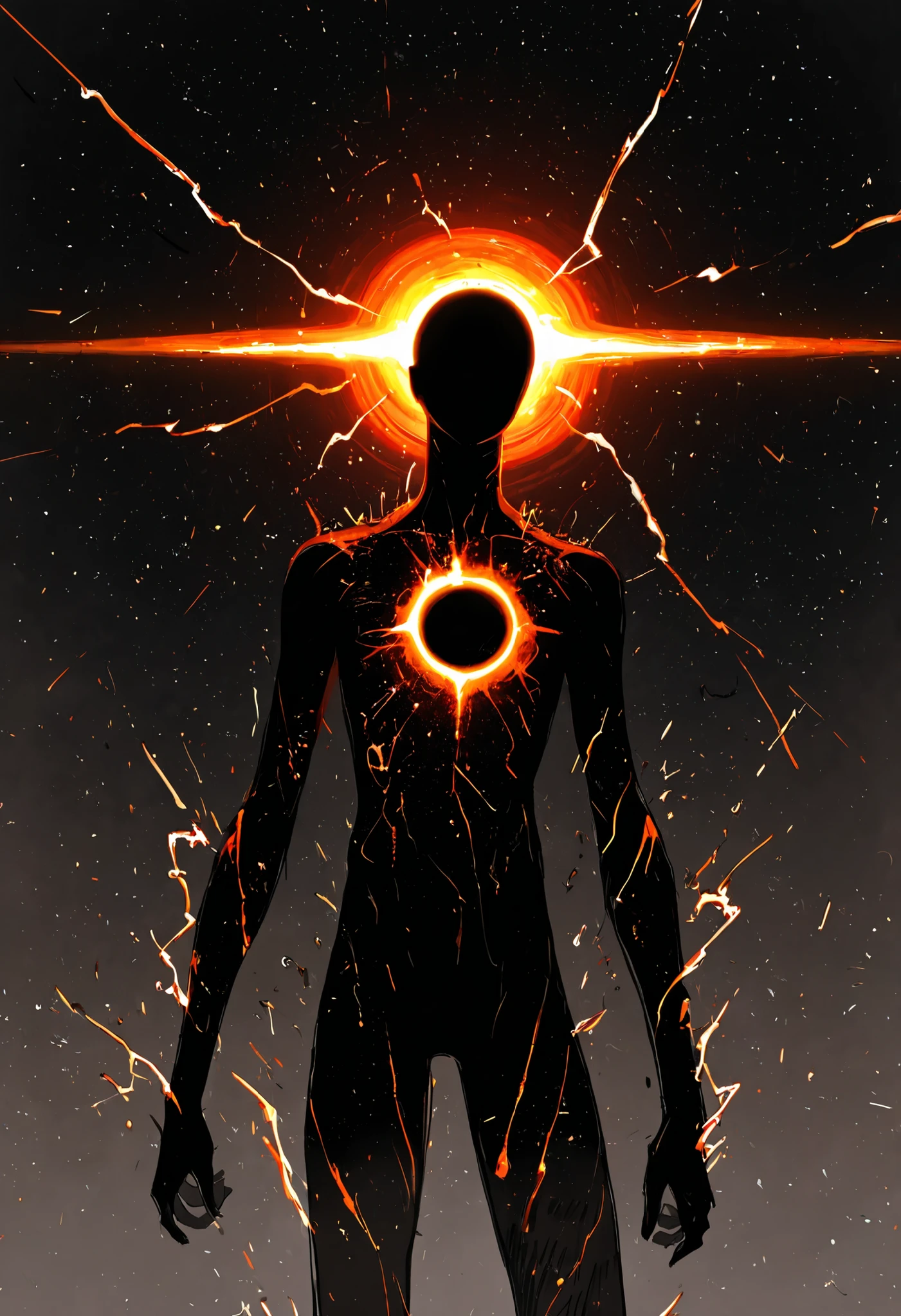 Game monster, sketch, concept art, All black human silhouette with a stellar black hole on the torso, body made of galaxy, bright color, black skin, orange and red energy, his body radiate small sparks of electricity, on plain white canvas, rough, thin lines, 2d, concepts art, Masterpiece, incredible quality, perspective, dynamic pose, dynamic Dutch angle,Alone , grew old, brutal, cunning, Energy Creature, A black hole at the center of his chest