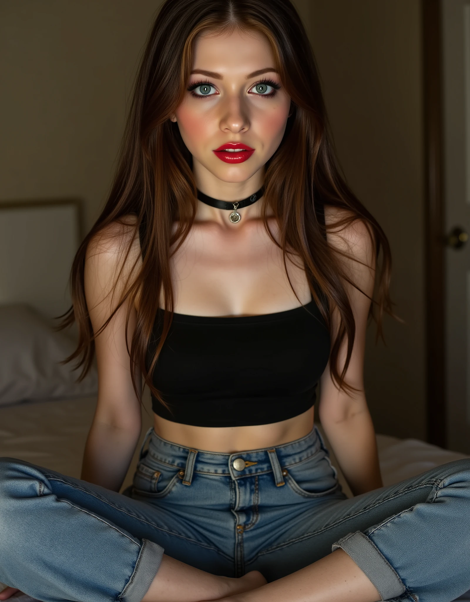 cinematic picture of 1girl, 21 years Young, posing, full body shot, adorable, cute, seductive, thin, slim legs, short, skinny small, (cute face), opened glossy lips, excitedly looking at her lover, sitting on bed with legs spread, sensual longing gaze, sitting in full attention presenting her toned sensual body. Long hair, brown hair, freckles, pale skin, bright blue eyes, ((small waist)), cute, feminine, (choker collar), seducing you, posing seductively, (tight cute crop tanktop), ((wearing tight jeans)), natural skin, shy, in bedroom, long intricate brown hair, shadows, short stature, slim skinny anorexic body, petite body, round face, youthful face, dramatic lighting, candid, perfect eyes, Reddit, amateur, real life photo.intense sultry eye contact, dark winged eyeliner, reaslistic skin texture.photorrealistic. seductive glossy cherry red lips. dark glossy goth makeup. facing the viewer. looking with lust into the viewers eyes. horny face expression. firm fake roun . choker. sitting upright with legs spread on her bed, thigh gap, legs spread, worshipping her master, manspreading, hands behind back, hands not visible,feet obscured and not visible
