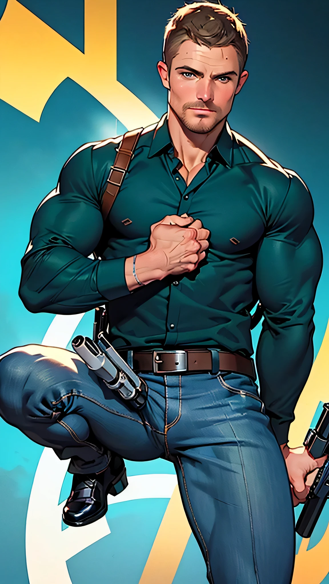 vpl,vpl,1 man, male focus solo,45 yo man, (((Stephen AMELL as private investigator))), lean muscle, open blue shirt, marine blue jeans with brown belt ,( bulge), full body shot, dark blond short hair, BLUE GREEN EYES , well groomed facial hair, (((( HANDS CROSSED , holding TWO guns IN BOTH HANDS LIKE JAMES BOND )))) (((SPREAD LEGS , VERY MANLY APPERANCE ))), ultra high quality, masterpiece, ( ever changing background, blue and white and green arabesques lines in the background)