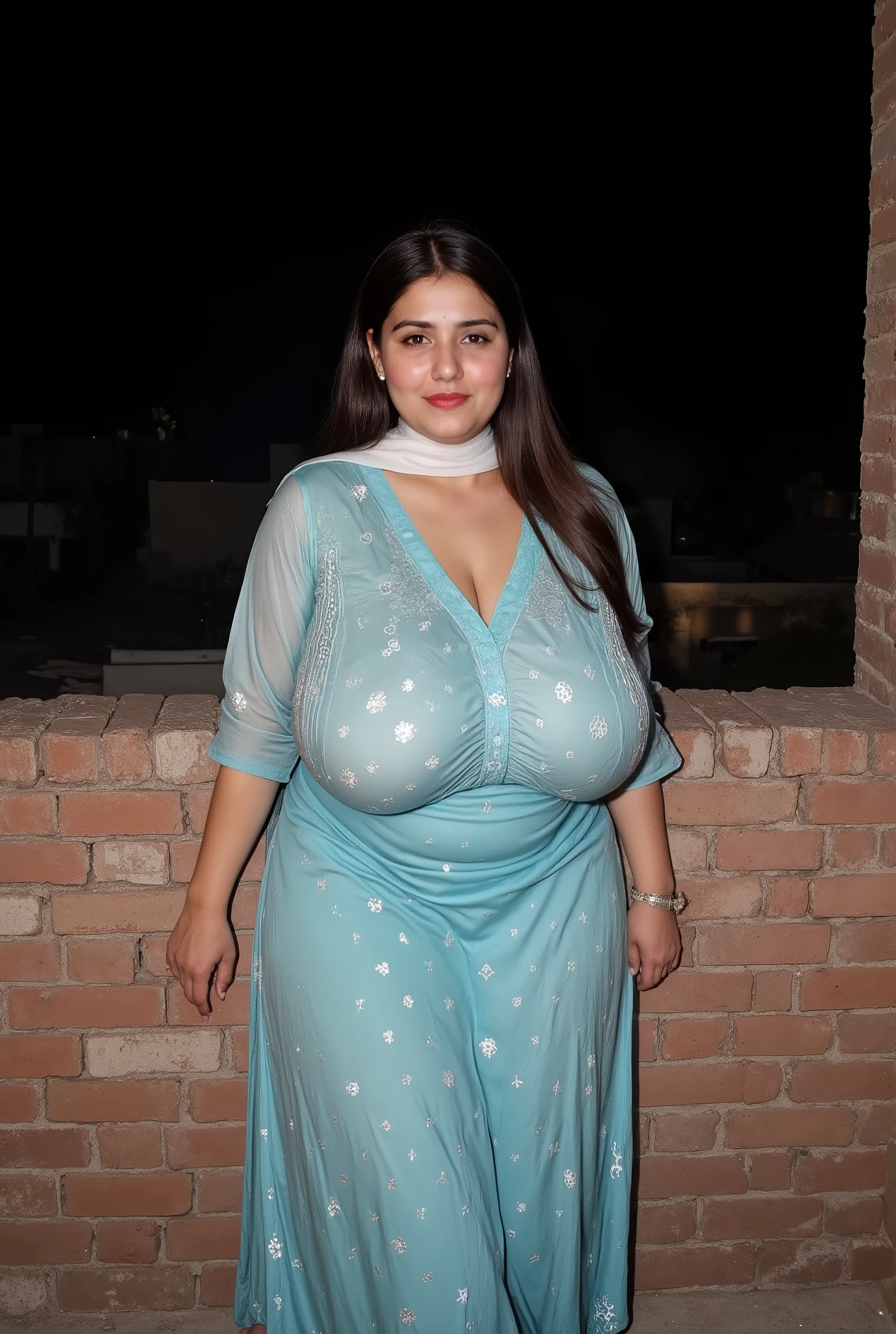 Beautiful chubby muslim Pakistani fair round face, chubby thick voluptuous body, mature housewife standing on abandoned building terace, leaning back on brick wall, wearing half sleeve kurti salwar, white sher scarf pallu, midnight darkness in background, horizon, sky, Busty, wide waist, hourglass voluptuous figure, curvy shyful eyes and a mischievous staring, horny exhibitionist, cotton fabric, matte finish fabric, highly detailed texture, detailed intricate pattern print, sunlight on black long hair ,High Resolution, Award Winning, High Details, Large breasts, Depth Of Field, Chromatic Aberration, shoot from front, huge heavy breasts, cleavage show