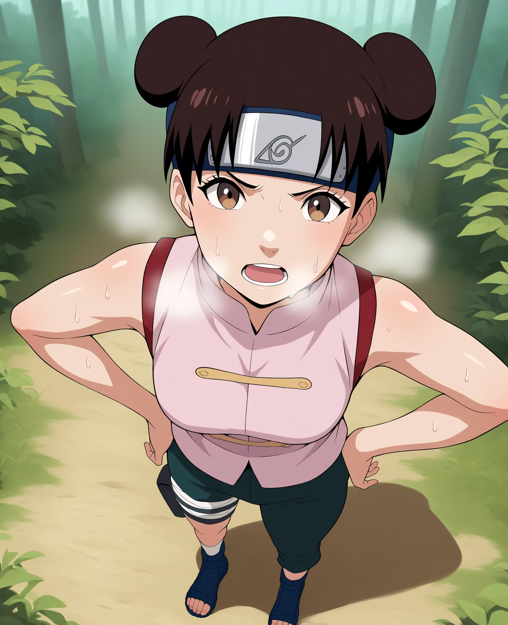 (masterpiece, 4K, Highest quality, anime style: 1.9, Detailed face, Lovely, bold, High resolution, anime,  Curvaceous, Thighs,, (blush).Very slim belly, Cowboy Shot, NARUTOanime風, Tenten,(((Sweaty))),(Accurate limbs),(((Chinese clothing",,"tits"))).Beautiful ,(((ピンクのChinese clothing))),Dark green pants((((One Girl)))