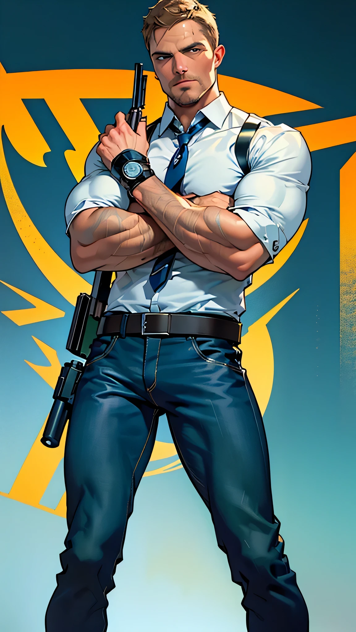 vpl,vpl,1 man, male focus solo,45 yo man, (((Stephen AMELL as private investigator))), lean muscle, open blue shirt, marine blue jeans with brown belt ,( bulge), full body shot, dark blond short hair, BLUE GREEN EYES , well groomed facial hair, (((( HANDS CROSSED , holding TWO guns IN BOTH HANDS LIKE JAMES BOND )))) (((SPREAD LEGS , VERY MANLY APPERANCE ))), ultra high quality, masterpiece, ( ever changing background, blue and white and green arabesques lines in the background)