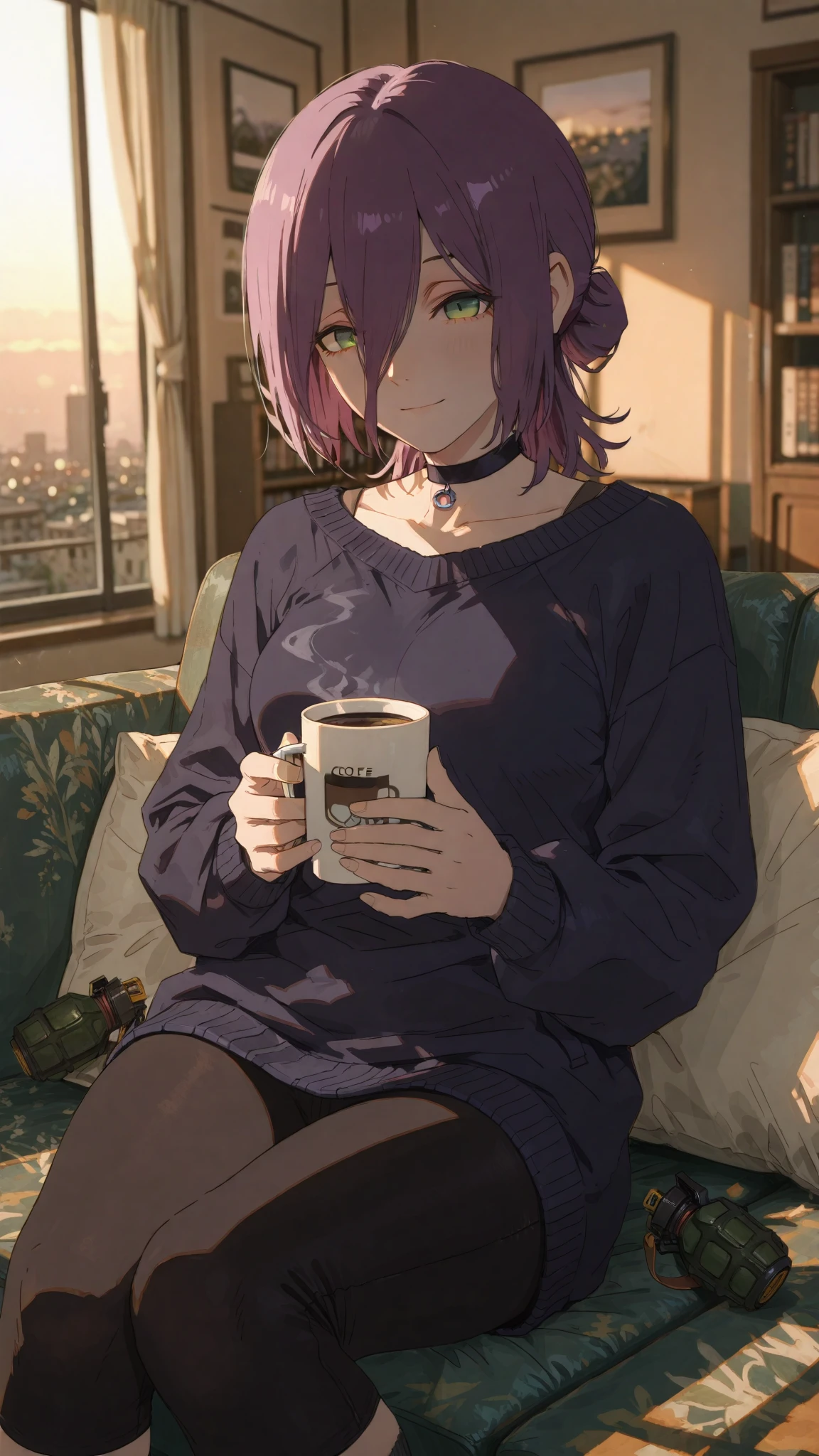 (((1 person　Gray Hair　Sit on the sofa　Crossing your legs　blue eyes)))　((High resolution　short hair　hoodie　Black Skirt　Rin々Funny face))　((Close-up))　((Blue butterfly　Asahi　Shining Aura　Catch the wind　Holding a cup　Drink coffee))　(smile　Bathed in light)　Shining Background　Shining Edge