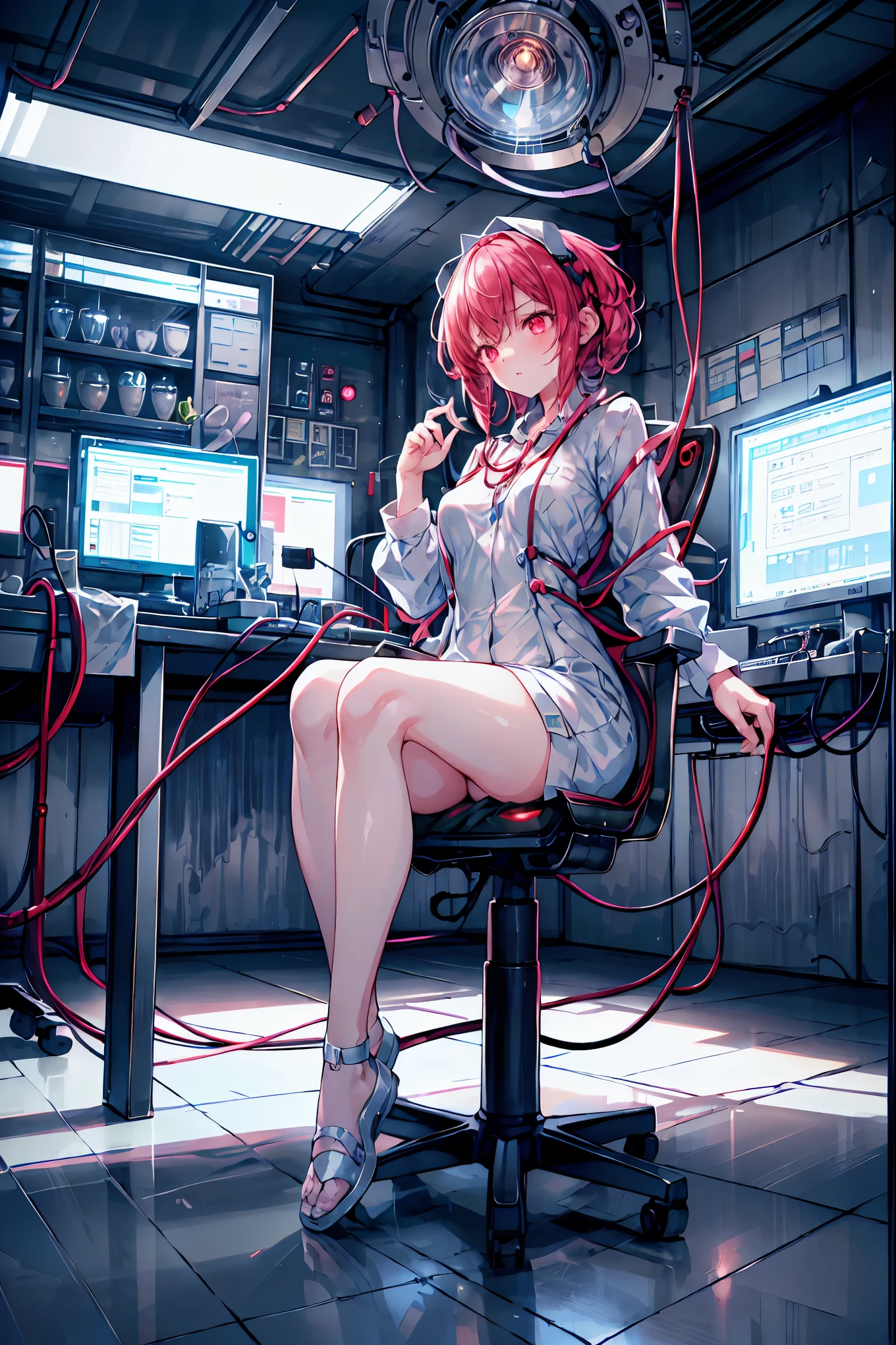Forbidden Laboratory, Sleeping Girl in a Flask, Myriad Devices Intertwined with Countless Cables and Wiring, Countless Monitors Light Up, Scientific Reason and Uncontrollable Desire, Breathe, Realistic, high definition, Extremely Detailed Description, Photographic Realism, 4K, HDR, professional, Vivid Colors, bokeh, Black and Red Tones, Creepy Atmosphere,, Dark laboratory equipment,Feeling nervous,Metallic Texture,Delicate Description,clean laboratory interior,scientist's experimental scene,Test tube,Medicines,gas emission device,spectrophotometer on the device,optical detector,computer terminal,complex chemical formula,laboratory desk and chair,hard glass dome,Background, fantasy, Amazing,