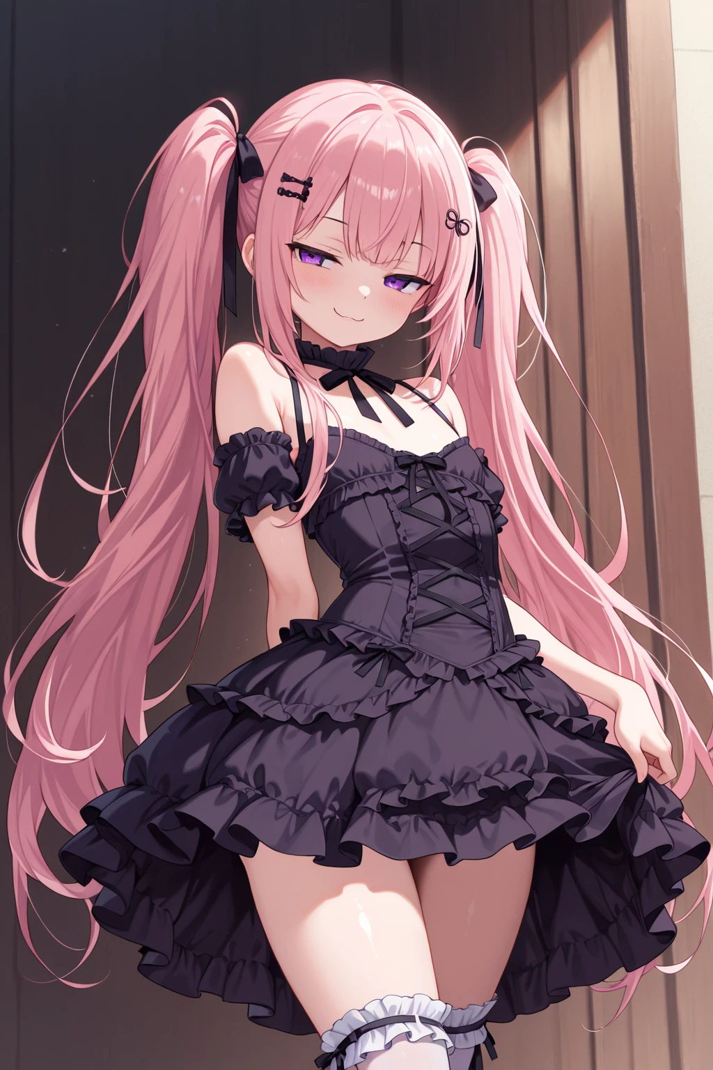 best quality, insanely detailed, nino nakano, , blush, outdoor background, bare-shoulder, looking at viewer, garter strap, a black ribbon, stockings, , smile, lingerie garterbelt