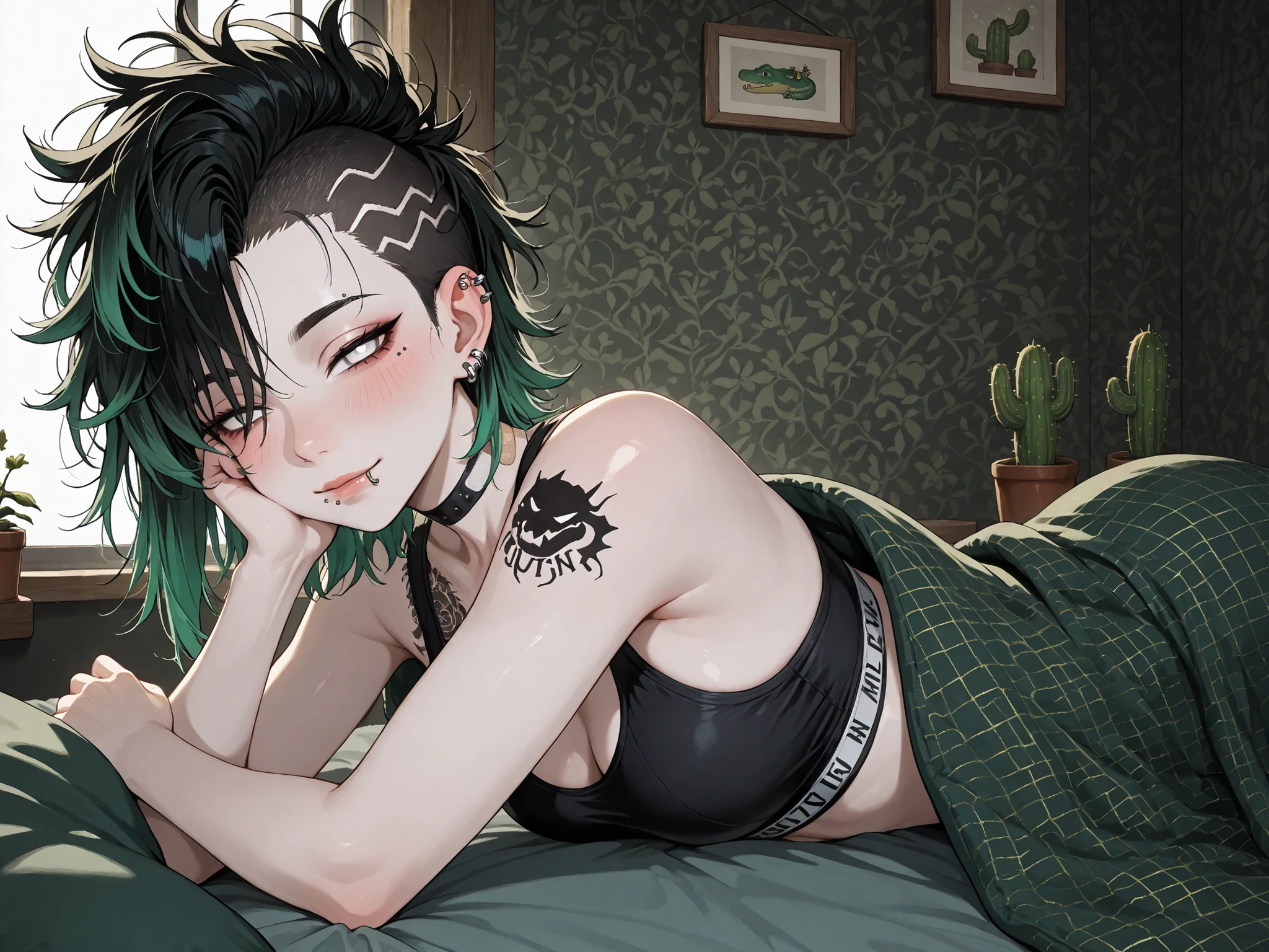 1girl, pov across bed, punk girl, pale skin, bright-green hairtips, black hair, punk mohawk, mohawk hairstyle, messy hair, lips, lip piercing, lip ring, nose ring, nose piercing, steel piercing, narrowed eyes, blush, white eyes, alligator tattoo on shoulder, black tattoo, bandaid on neck, peaceful, light smile, happy, in bed, dark-green blanket, sport bra, black bra, covered by blanket, indoors, black walls, wallpaper with patterns on walls, window, cactus in pot on window, best quality,