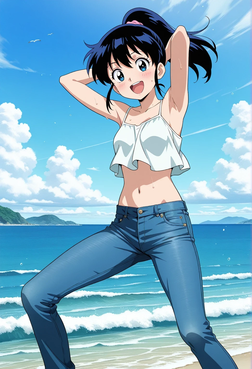 score_9, score_8_up, score_7_up, source_anime, highres, hi res, ((best quality, top quality, perfect quality, Highest Quality, amazing quality)), {{masterpiece}}, {{an extremely delicate and beautiful}}, 2d, intricate details, official style, anime, 8k, anime style, official_anime, official art, digital painting, cell shading, soft shading, high resolution, soothing tones, Subdued Color, Soft cinematic light, adobe lightroom, photolab, HDR, intricately and hyper-detailed, ((high quality animation)), 1 girl, Alone, solo, ((ocean)), tsunami, on the water, day, sunny, outdoors, sky, windy, Maria Shiratori, Matchless Raijin-Oh, black_eyes, black_hair, ponytail, anime screencap, small , white camisole top, crop top, white crop top, best quality, hyper-detailed jeans, ((blue jeans:1.9)), (dark blue jeans:0.6), full medium body, medium shot, Open mouth, smiling, happy face, blush, sweat, standing, ((arms behind head:6.0)), ((perfect arm line:2.5)), bowlegged, jumping pose, action, looking at viewer, , Bend knees slightly, straight-on front view