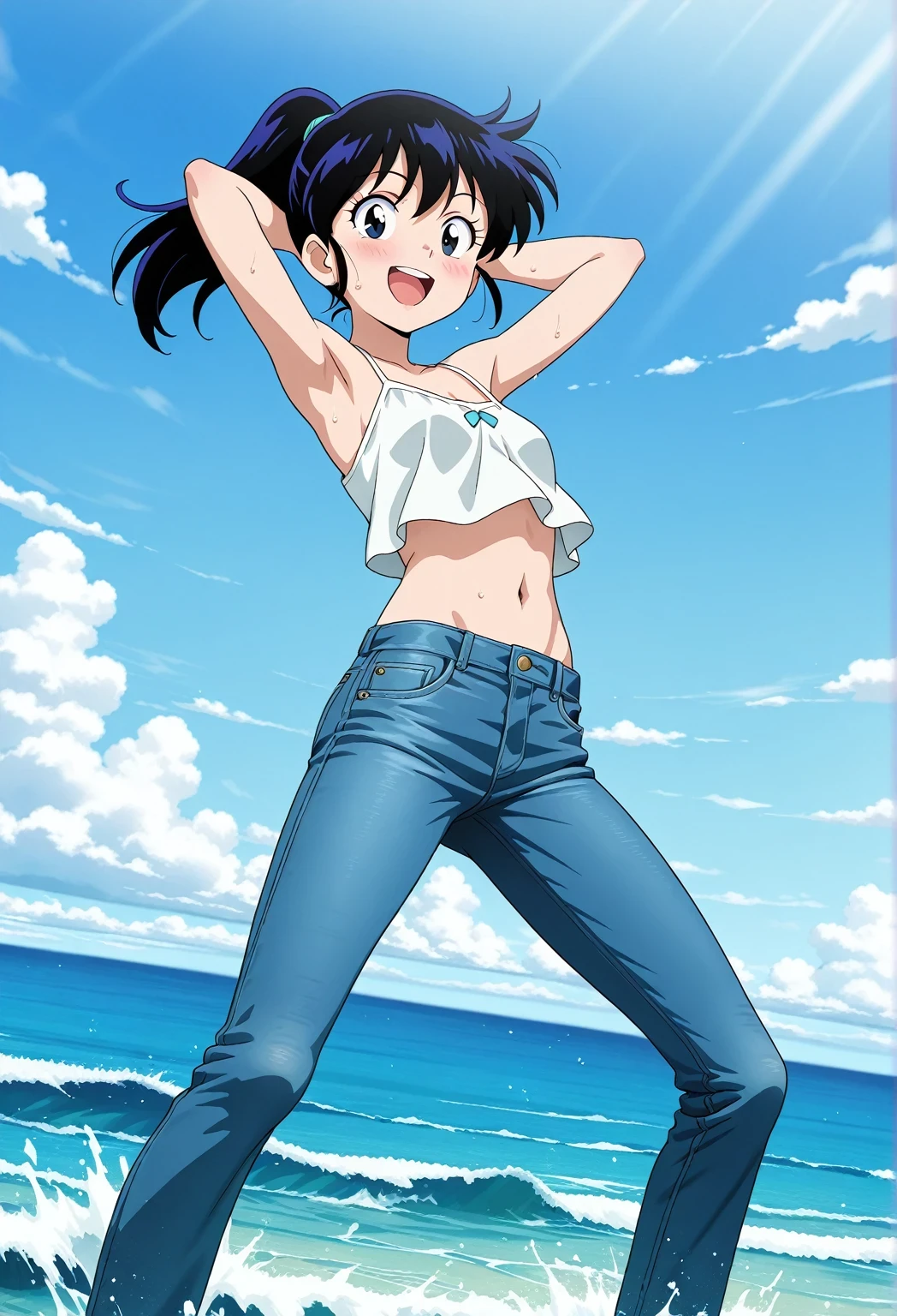 score_9, score_8_up, score_7_up, source_anime, highres, hi res, ((best quality, top quality, perfect quality, Highest Quality, amazing quality)), {{masterpiece}}, {{an extremely delicate and beautiful}}, 2d, intricate details, official style, anime, 8k, anime style, official_anime, official art, digital painting, cell shading, soft shading, high resolution, soothing tones, Subdued Color, Soft cinematic light, adobe lightroom, photolab, HDR, intricately and hyper-detailed, ((high quality animation)), 1 girl, Alone, solo, ((ocean)), tsunami, on the water, day, sunny, outdoors, sky, windy, Maria Shiratori, Matchless Raijin-Oh, black_eyes, black_hair, ponytail, anime screencap, small , white camisole top, crop top, white crop top, best quality, hyper-detailed jeans, ((blue jeans:1.9)), (dark blue jeans:0.6), full medium body, medium shot, Open mouth, smiling, happy face, blush, sweat, standing, ((arms behind head:6.0)), ((perfect arm line:2.5)), bowlegged, jumping pose, action, looking at viewer, , Bend knees slightly, straight-on front view