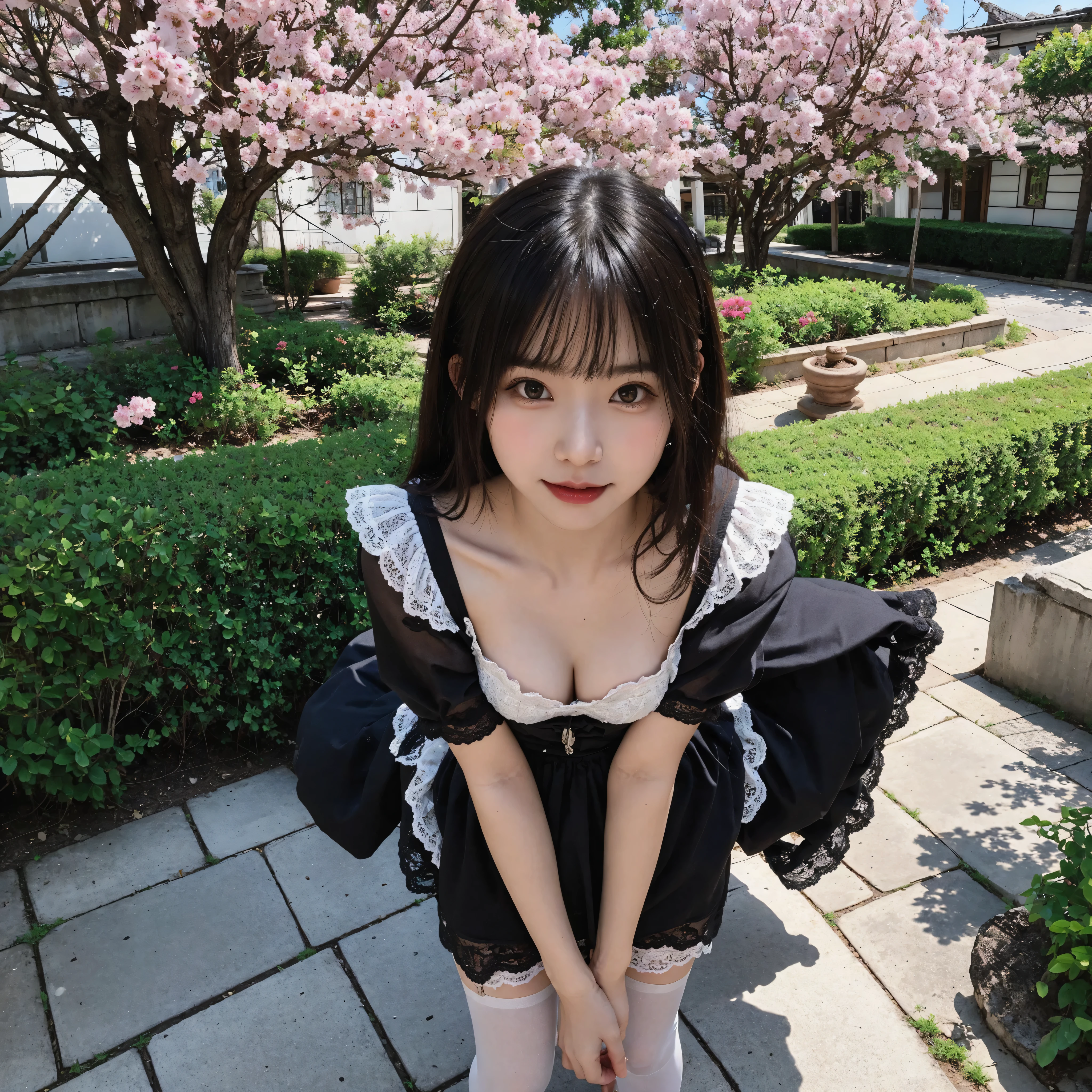 (1 cute girl)、maids,Look at the audience,(skinny:1.42),(younger:1.43),from above,(medium :0.39),に付けたblack lace stockings,lean forward,japanese,(smile Yang:0.65),black lace stockings