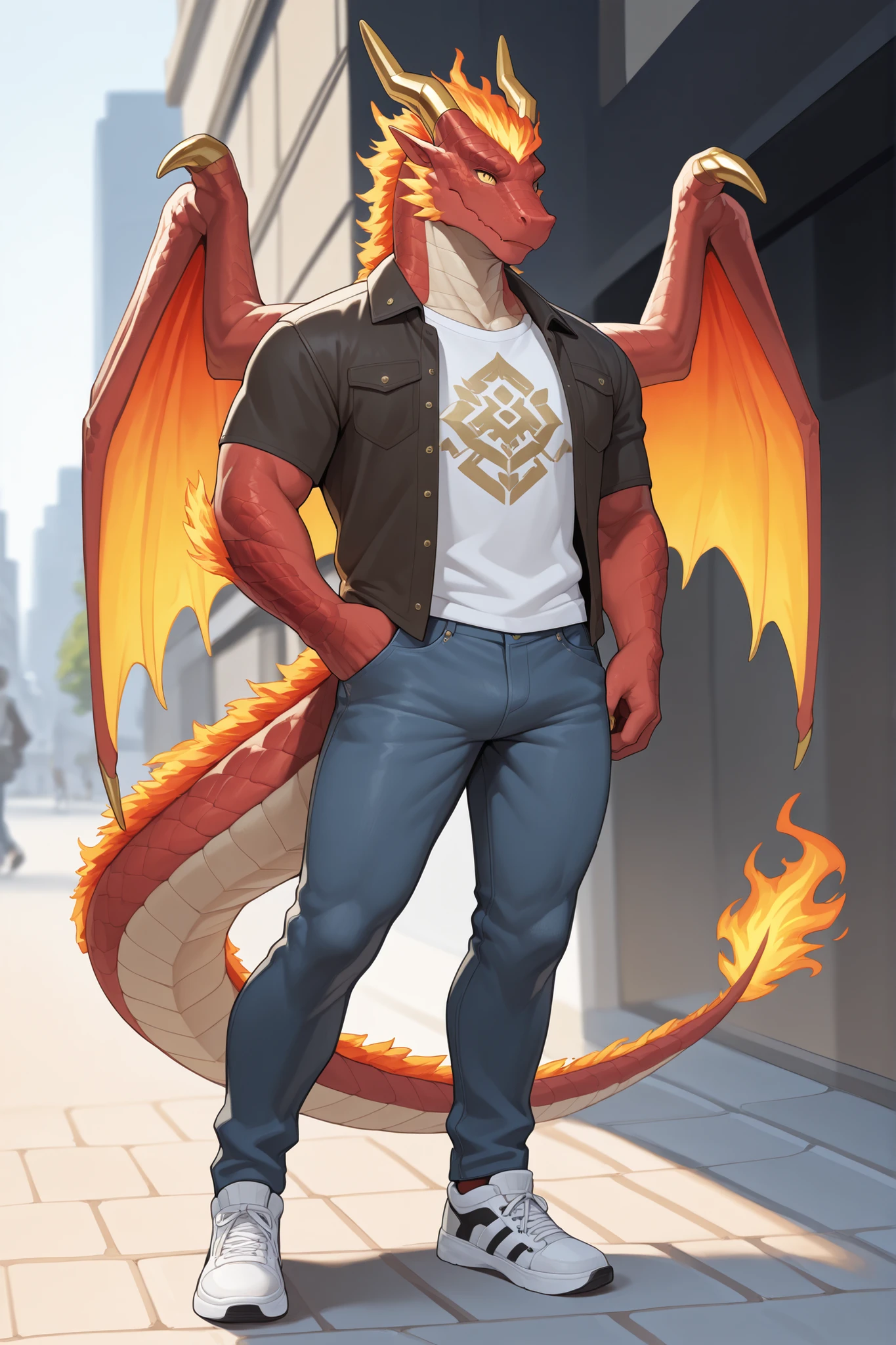 Male, tall, mature, muscular, mature, dragon prince, red scales, beige , yellow eyes, fire mane, tail mane, gold claws, gold horns, tail, wings, wearing modern casual clothing, stylish t-shirt, fitted jeans, casual jacket, sneakers, simple accessories, relaxed and confident look, fantasy aesthetic, full body, standing pose, solo, background of a modern city street with soft sunlight and urban atmosphere.