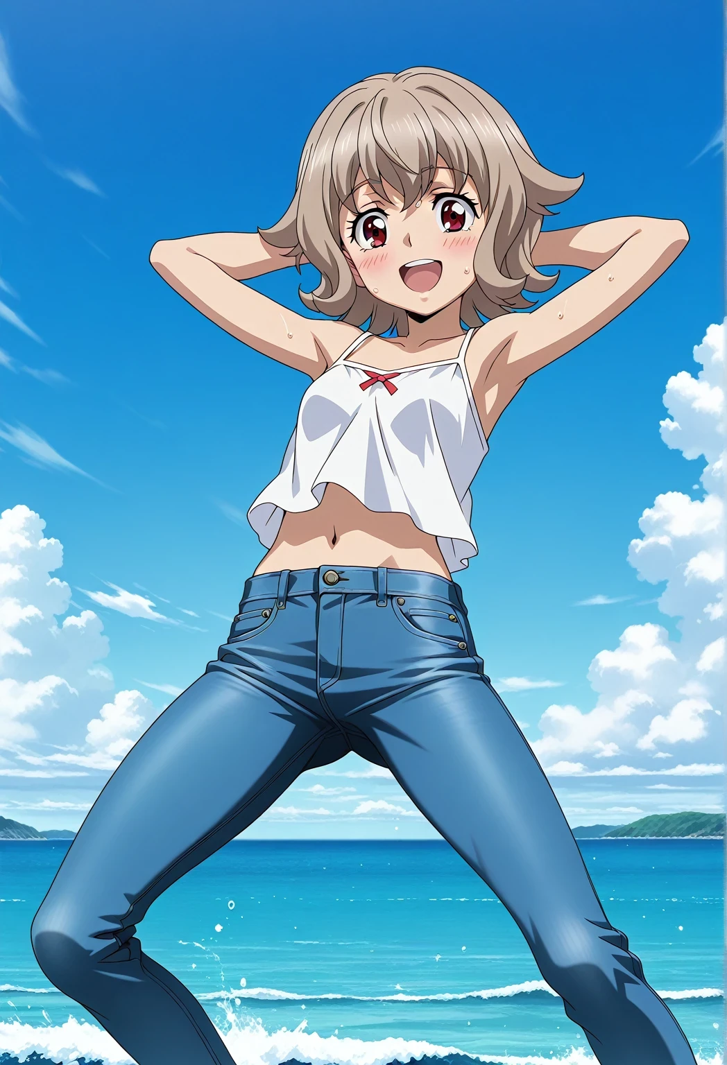 score_9, score_8_up, score_7_up, source_anime, highres, hi res, ((best quality, top quality, perfect quality, Highest Quality, amazing quality)), {{masterpiece}}, {{an extremely delicate and beautiful}}, 2d, intricate details, official style, anime, 8k, anime style, official_anime, official art, digital painting, cell shading, soft shading, high resolution, soothing tones, Subdued Color, Soft cinematic light, adobe lightroom, photolab, HDR, intricately and hyper-detailed, ((high quality animation)), 1 girl, Alone, solo, ((ocean)), tsunami, on the water, day, sunny, outdoors, sky, windy, Atra mixta, Gundam Iron Blooded Orphans, short hair, brown hair, red eyes, anime screencap, small breasts, white camisole top, crop top, white crop top, best quality, hyper-detailed jeans, ((blue jeans:1.9)), (dark blue jeans:0.6), full medium body, medium shot, Open mouth, smiling, happy face, blush, sweat, standing, ((arms behind head:6.0)), bowlegged, jumping pose, action, looking at viewer, spread legs, Bend knees slightly, straight-on front view