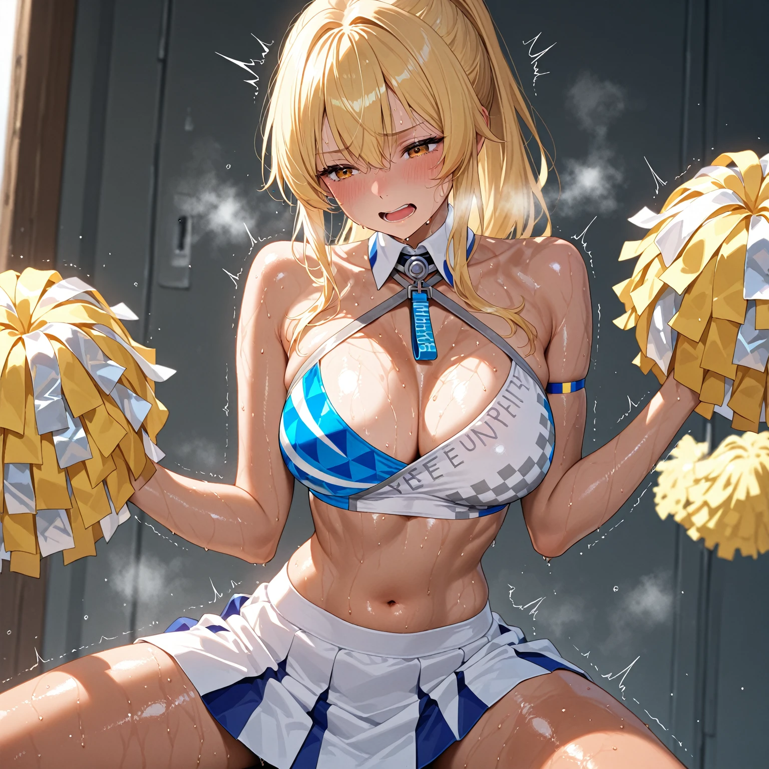 ram invader, white panties、detailed , anime , (Tiger print miniskirt cheerleader: 1.2), （脚上げでwhite panties見えてる:1.4）,muste piece, white panties、best quality, open mouth, tooth, ultra-detailed , Yellow eyes,White shorts、 cute eyes, detailed face, a cute girl, big , red face, (wet with water: 1.2), Generally poor ,  slip, (Position where panties are visible:1.5), (beautiful : 1.2), (with a bright light source: 1.2), (heart shaped pupils opening their clothes: 1.5)