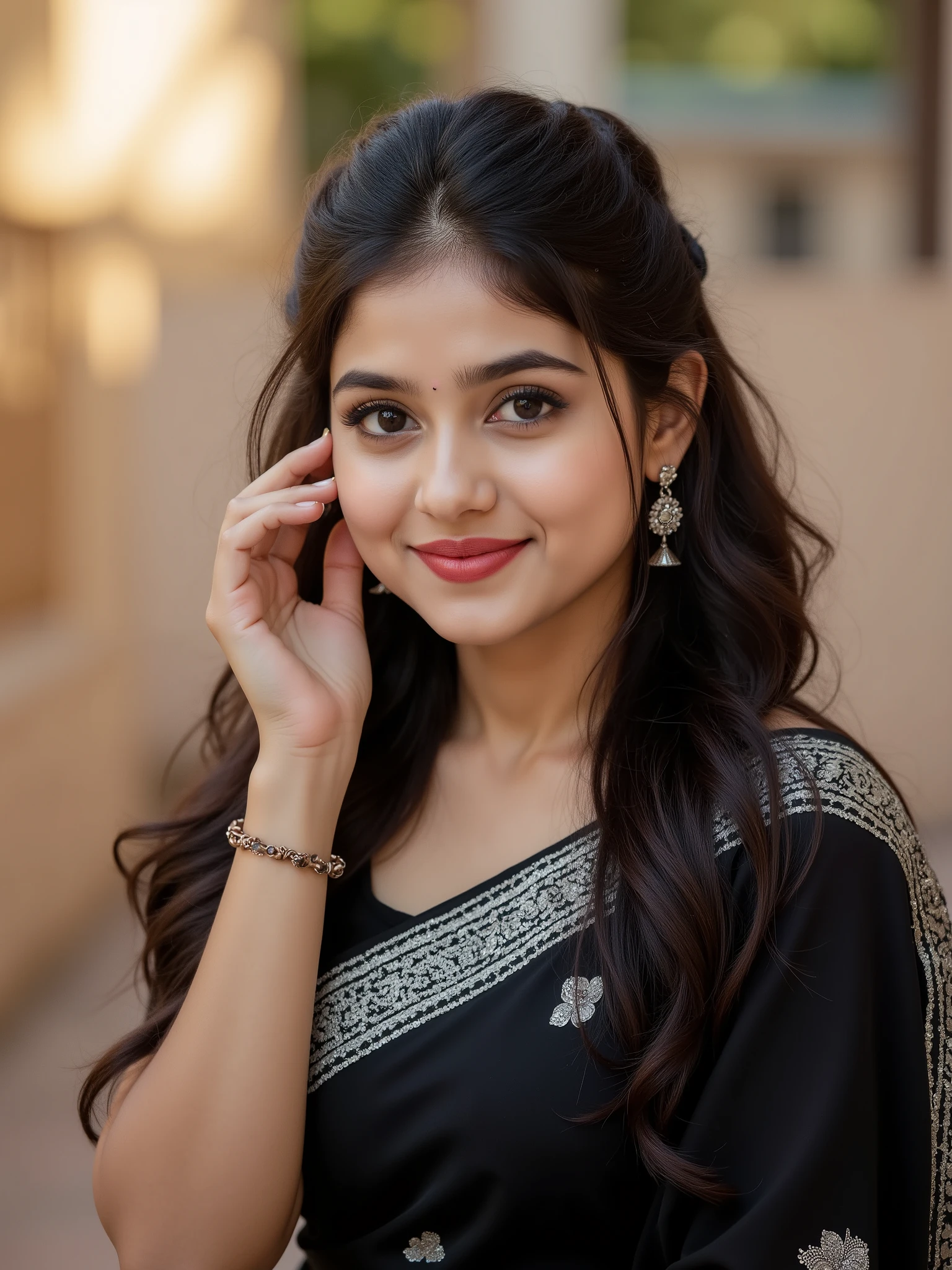 anaswarasdxl, Full body image of a 20 year old Indian girl with smiling look, fair skin tone, light grey eyes, fox eyelashes, thin eyebrows, black eye liner, silver eyeshadow, natural blush, and red lipstick. Her hairs are long, brown, wavy and stylish. She is wearing a black saree with a silver border and silver earrings. She is gently adjusting one earring with her right hand while holding the saree with the left hand. The background is softly blurred with warm sunlight. The style is realistic, elegant, and cinematic, with soft lighting and sharp focus on her face and outfit.
