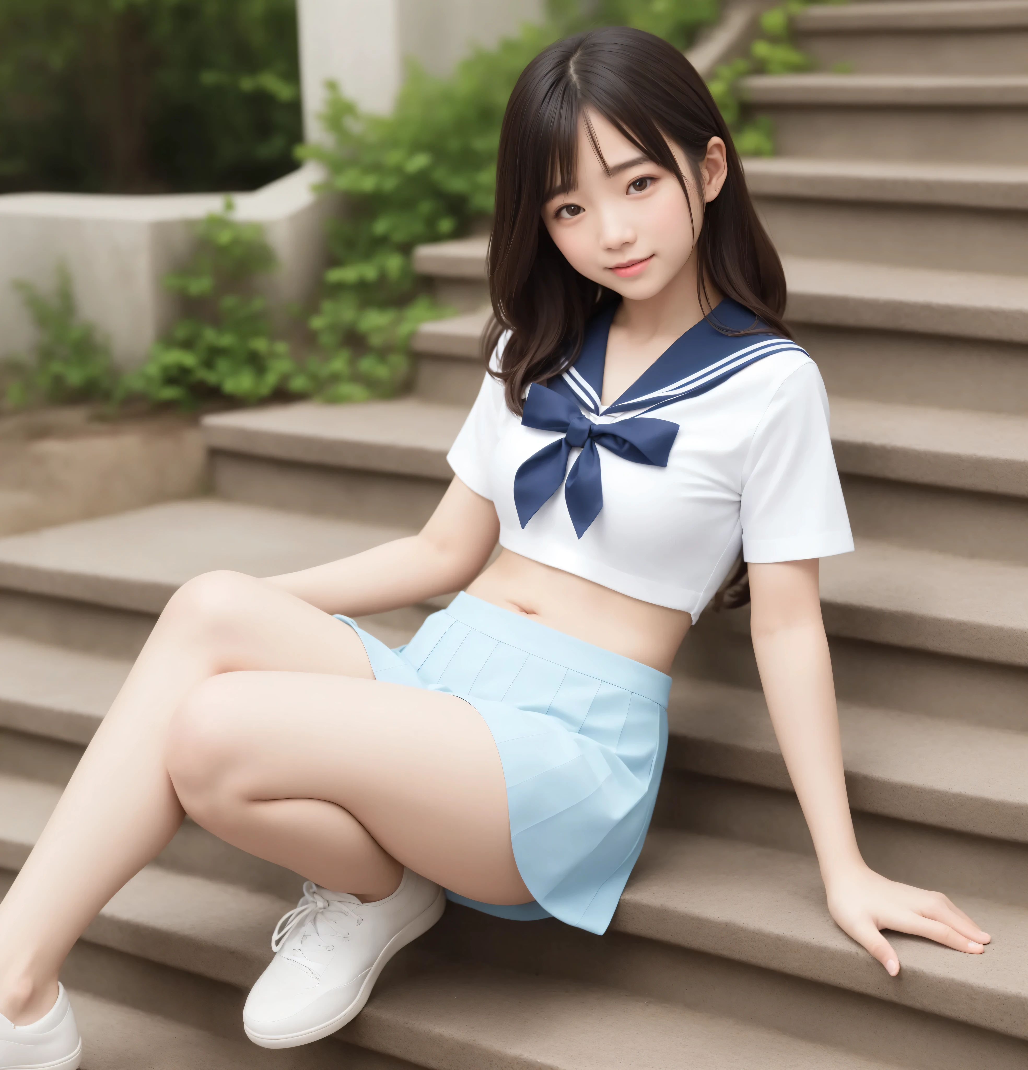 8K Wallpaper,younger、 sailor suit、白色の sailor suit、 mini skirt、 sitting on the stairs、 A slim figure with a belly button visible.、 girls、 fashionable hairstyle 、 sitting on the stairs、半袖の sailor suit、My Stomach Is Split in Two and I Can See Everything、 Tight Waist、 simple white sneakers,perfect dynamic configuration,actual image、 Highest Quality,happy expression、womanhood大学生,幼さの残る可愛い girls、 cute girls、womanhood、 Realistic Textures 、closes his eyes and smiles、 Cute Smiles、 amazing section,Natural lip shape,Natural Eye Shape 、size、 beautiful detailed eyes