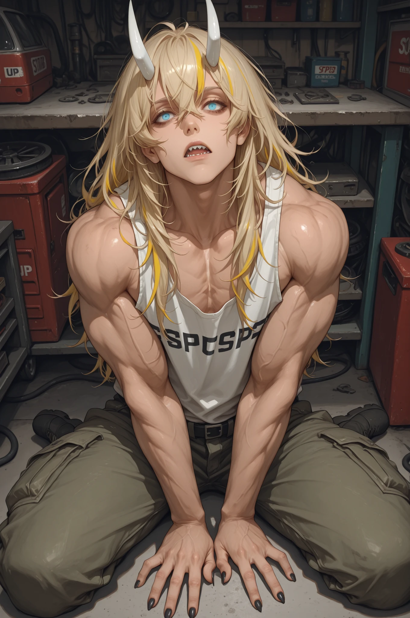 safe_pos, score_9, score_8_up, score_7_up (zPDXL3)  Stable_Yogis_PDXL_Positives,  BREAK inside, garage, mechanics shop, cars

1guy, solo, tall, (light_skin_tone:1.3), muscular_arms, long_hair, messy_hair, blonde_hair, (Red_highlights), black nails, claws, Oni_horns, sharp_teeth, tired_expression, hollow_eyes, blue_eyes, sitting on ground, cargo_pants, white_tank_top, side_view, looking up at viewer, Mature looks, 8k, (masterpiece) Expressiveh