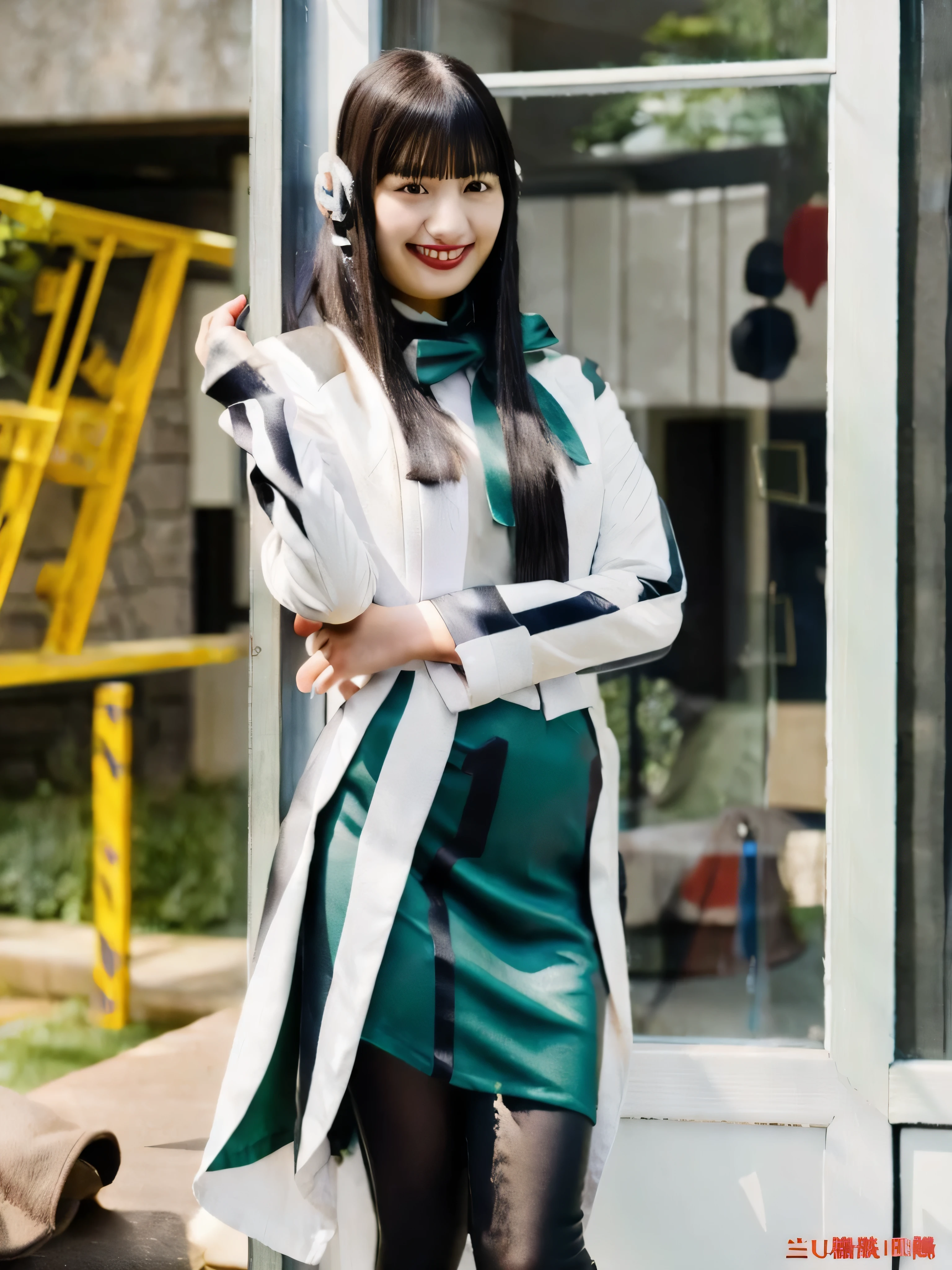 (Extremely Detailed CG), (Highest Quality), 1girl, perfect face,shiny skin,thin waist, Wide Hips AzuArk,high heels, footwear,Humagear_headphones,Black nails,white jacket that grips the bangs hard,skirt,long sleeve,赤い髪, Red Eyes, blunt Bang,pantyhose,multicolouring,long hair,Bang,dark haired, (evil smirk:1.5),thurushima noa,solo,