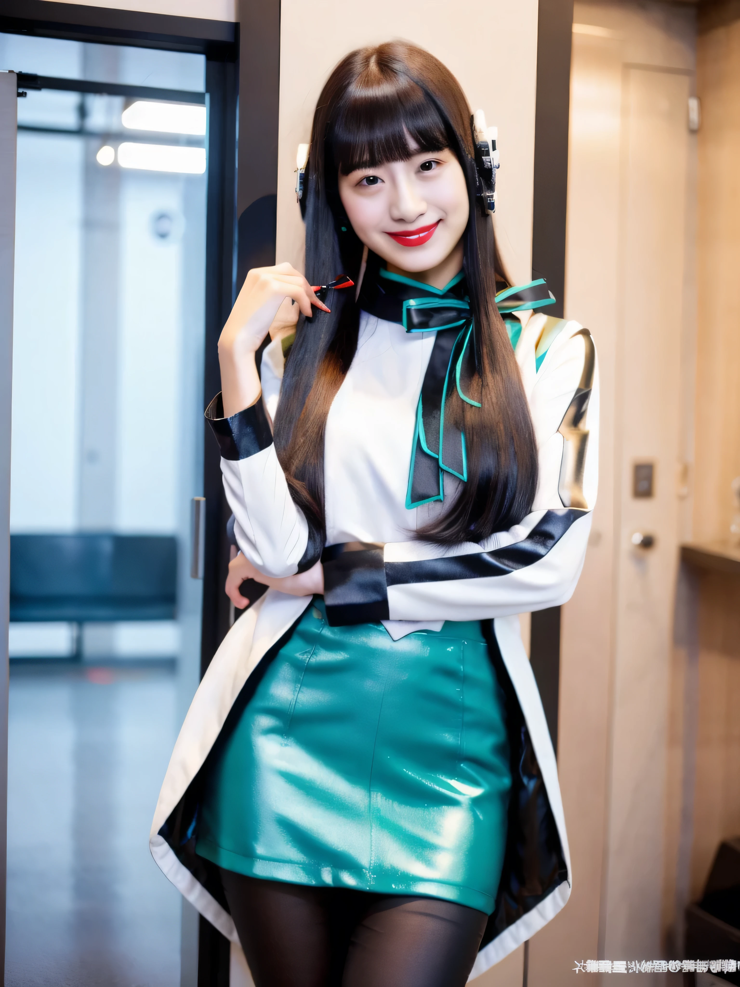 (Extremely Detailed CG), (Highest Quality), 1girl, perfect face,shiny skin,thin waist, Wide Hips AzuArk,high heels, footwear,Humagear_headphones,Black nails,white jacket that grips the bangs hard,skirt,long sleeve,赤い髪, Red Eyes, blunt Bang,pantyhose,multicolouring,long hair,Bang,dark haired, (evil smirk:1.5),thurushima noa,solo,