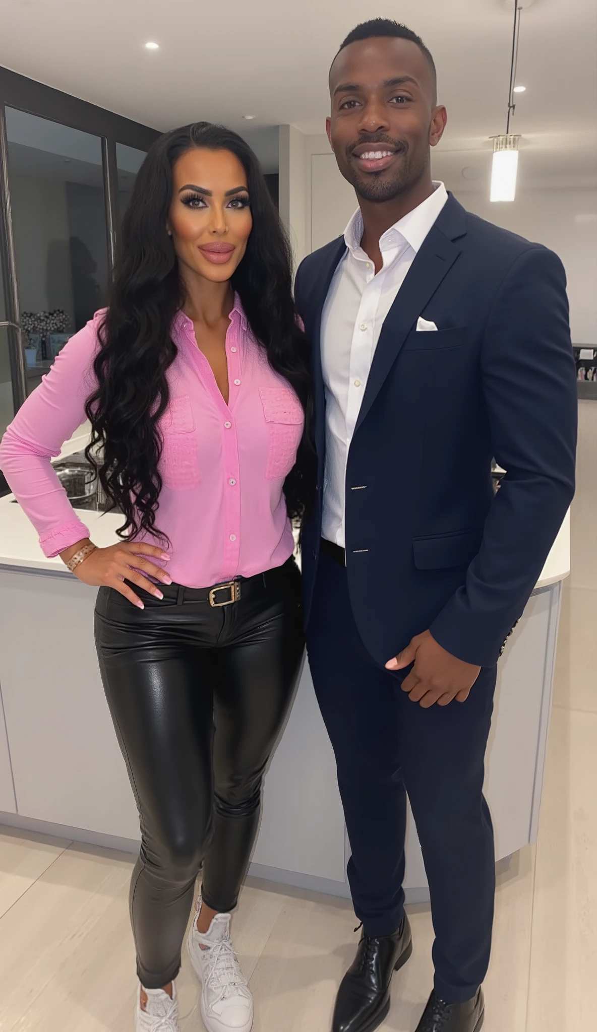 Kim Kardashian with long wavy black hair, Kim hat blaue Augen, short pink jeans shirt with collar and buttons , black belt , in very tight black leather pants and white sneakers , Kim is standing in a modern kitchen, Standing next to Kim is a tall muscular African man in a suit   , Kim is only half as tall as the man , , ( full body shot, You can also see Kim's feet ) 