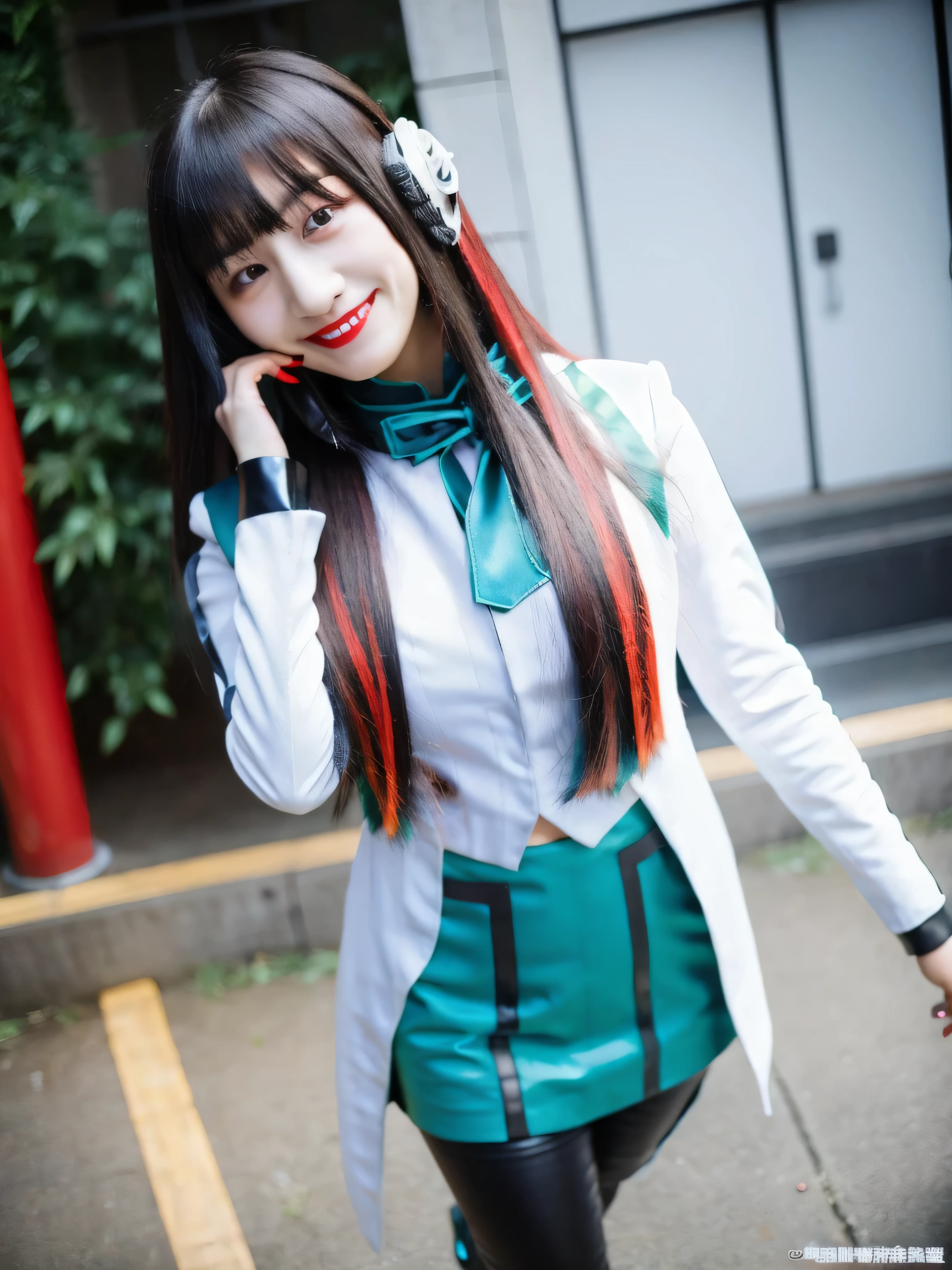 (Extremely Detailed CG), (Highest Quality), 1girl, perfect face,shiny skin,thin waist, Wide Hips AzuArk,high heels, footwear,Humagear_headphones,Black nails,white jacket that grips the bangs hard,skirt,long sleeve,赤い髪, Red Eyes, blunt Bang,pantyhose,multicolouring,long hair,Bang,dark haired, (evil smirk:1.5),thurushima noa,solo,