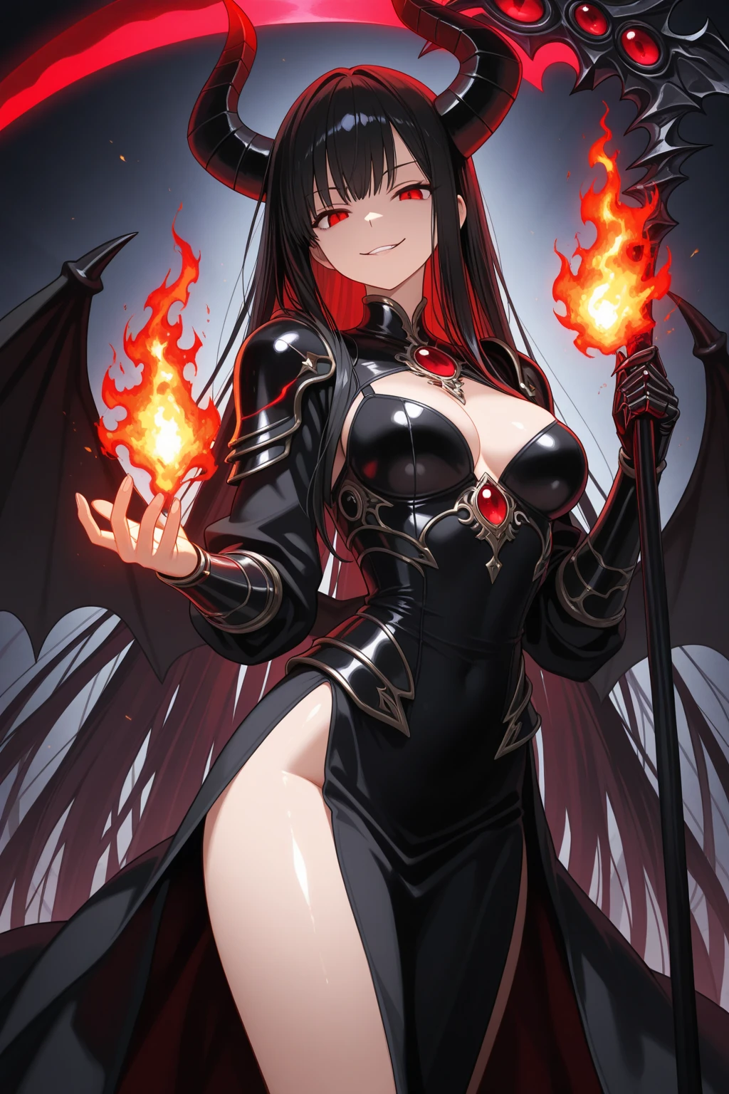 A girl, Red eyes, pale vampire skin, ???????????, dragon horns, Fangs, dragon tail, hoodie negra, by the wide, black hair, 4k, HD