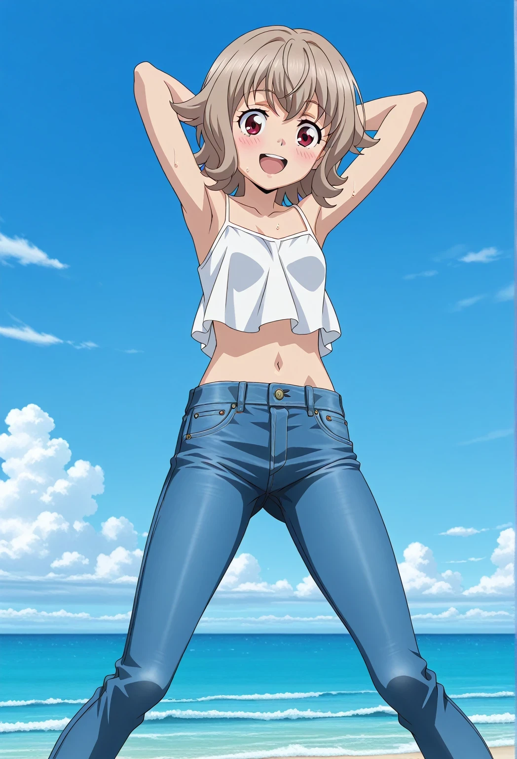 score_9, score_8_up, score_7_up, source_anime, highres, hi res, ((best quality, top quality, perfect quality, Highest Quality, amazing quality)), {{masterpiece}}, {{an extremely delicate and beautiful}}, 2d, intricate details, official style, anime, 8k, anime style, official_anime, official art, digital painting, cell shading, soft shading, high resolution, soothing tones, Subdued Color, Soft cinematic light, adobe lightroom, photolab, HDR, intricately and hyper-detailed, ((high quality animation)), 1 girl, Alone, solo, ((ocean)), tsunami, on the water, day, sunny, outdoors, sky, windy, Atra mixta, Gundam Iron Blooded Orphans, short hair, brown hair, red eyes, anime screencap, small breasts, white camisole top, crop top, white crop top, best quality, hyper-detailed jeans, ((blue jeans:1.9)), (dark blue jeans:0.6), full medium body, medium shot, Open mouth, smiling, happy face, blush, sweat, standing, ((arms behind head:6.0)), ((perfect arm line:2.5)), bowlegged, jumping pose, action, looking at viewer, spread legs, Bend knees slightly, straight-on front view