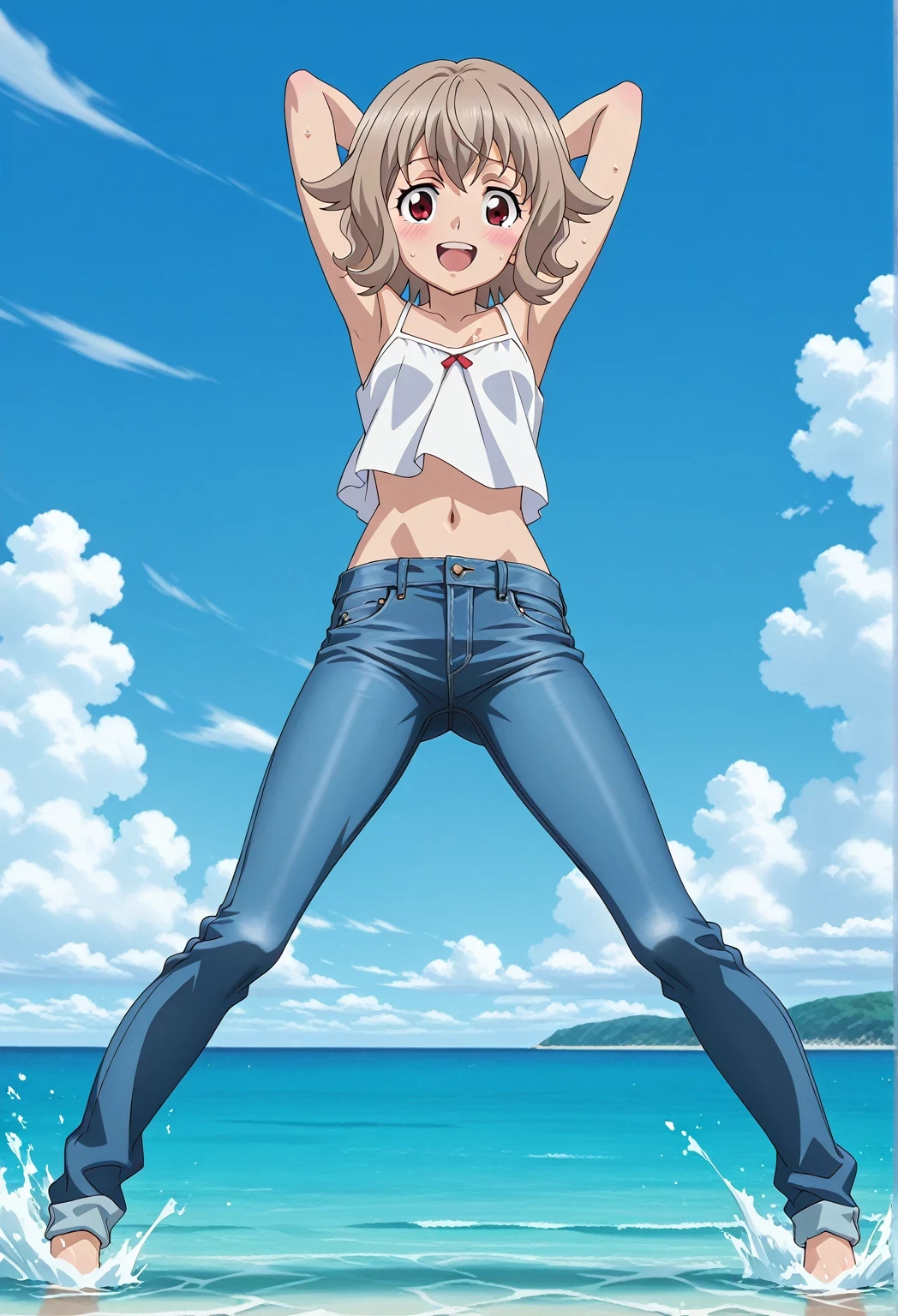 score_9, score_8_up, score_7_up, source_anime, highres, hi res, ((best quality, top quality, perfect quality, Highest Quality, amazing quality)), {{masterpiece}}, {{an extremely delicate and beautiful}}, 2d, intricate details, official style, anime, 8k, anime style, official_anime, official art, digital painting, cell shading, soft shading, high resolution, soothing tones, Subdued Color, Soft cinematic light, adobe lightroom, photolab, HDR, intricately and hyper-detailed, ((high quality animation)), 1 girl, Alone, solo, ((ocean)), tsunami, on the water, day, sunny, outdoors, sky, windy, Atra mixta, Gundam Iron Blooded Orphans, short hair, brown hair, red eyes, anime screencap, small breasts, white camisole top, crop top, white crop top, best quality, hyper-detailed jeans, ((blue jeans:1.9)), (dark blue jeans:0.6), full medium body, medium shot, Open mouth, smiling, happy face, blush, sweat, standing, ((arms behind head:6.0)), ((perfect arm line:2.5)), bowlegged, jumping pose, action, looking at viewer, spread legs, Bend knees slightly, straight-on front view