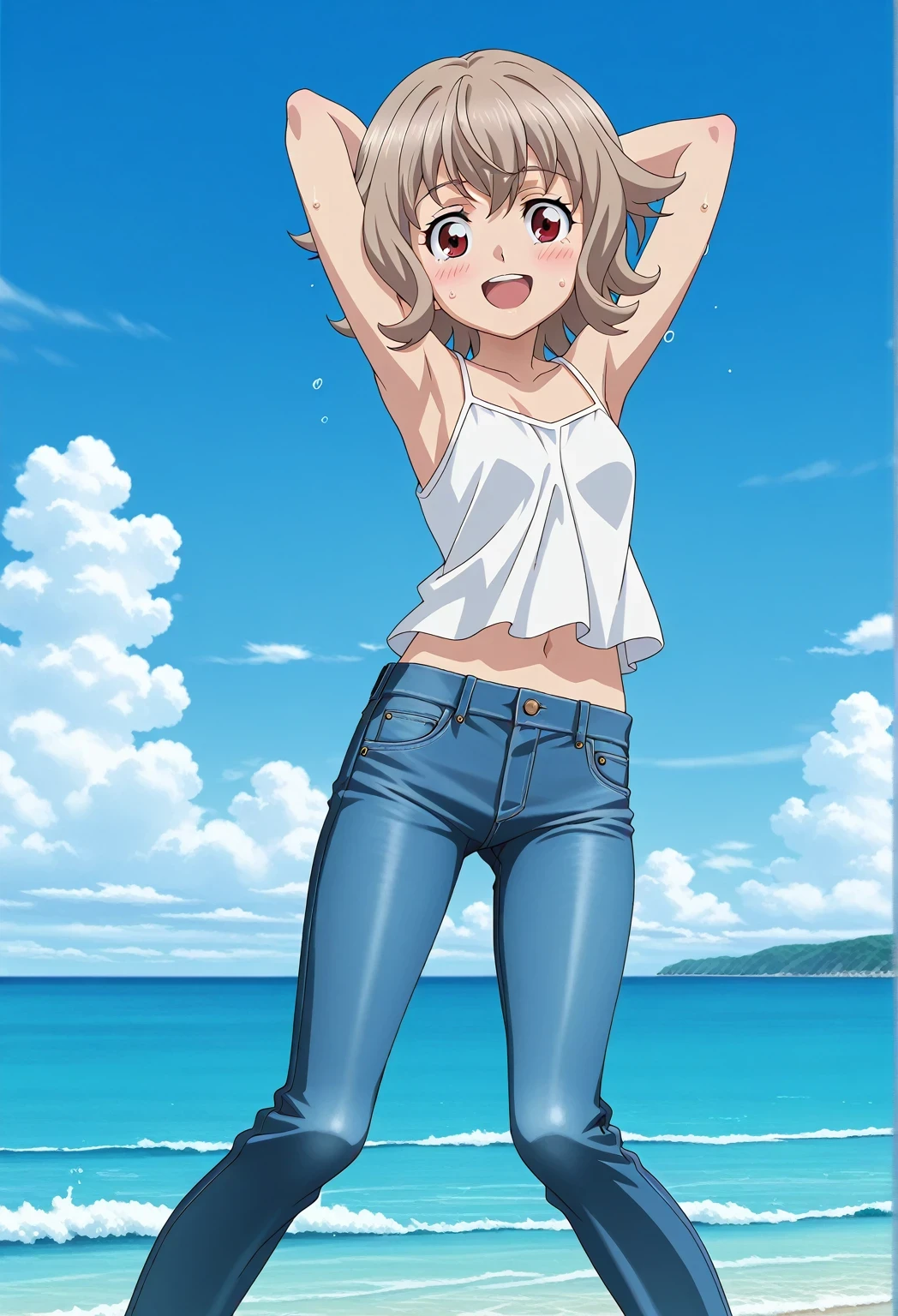 score_9, score_8_up, score_7_up, source_anime, highres, hi res, ((best quality, top quality, perfect quality, Highest Quality, amazing quality)), {{masterpiece}}, {{an extremely delicate and beautiful}}, 2d, intricate details, official style, anime, 8k, anime style, official_anime, official art, digital painting, cell shading, soft shading, high resolution, soothing tones, Subdued Color, Soft cinematic light, adobe lightroom, photolab, HDR, intricately and hyper-detailed, ((high quality animation)), 1 girl, Alone, solo, ((ocean)), tsunami, on the water, day, sunny, outdoors, sky, windy, Atra mixta, Gundam Iron Blooded Orphans, short hair, brown hair, red eyes, anime screencap, small breasts, white camisole top, crop top, white crop top, best quality, hyper-detailed jeans, ((blue jeans:1.9)), (dark blue jeans:0.6), full medium body, medium shot, Open mouth, smiling, happy face, blush, sweat, standing, ((arms behind head:6.0)), ((perfect arm line:2.5)), bowlegged, jumping pose, action, looking at viewer, spread legs, Bend knees slightly, straight-on front view