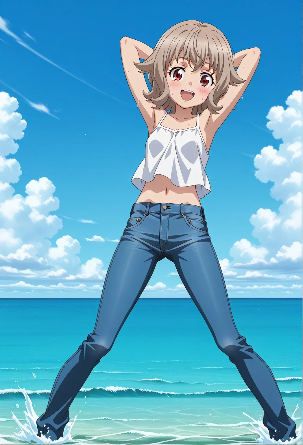 score_9, score_8_up, score_7_up, source_anime, highres, hi res, ((best quality, top quality, perfect quality, Highest Quality, amazing quality)), {{masterpiece}}, {{an extremely delicate and beautiful}}, 2d, intricate details, official style, anime, 8k, anime style, official_anime, official art, digital painting, cell shading, soft shading, high resolution, soothing tones, Subdued Color, Soft cinematic light, adobe lightroom, photolab, HDR, intricately and hyper-detailed, ((high quality animation)), 1 girl, Alone, solo, ((ocean)), tsunami, on the water, day, sunny, outdoors, sky, windy, Atra mixta, Gundam Iron Blooded Orphans, short hair, brown hair, red eyes, anime screencap, small breasts, white camisole top, crop top, white crop top, best quality, hyper-detailed jeans, ((blue jeans:1.9)), (dark blue jeans:0.6), full medium body, medium shot, Open mouth, smiling, happy face, blush, sweat, standing, ((arms behind head:6.0)), ((perfect arm line:2.5)), bowlegged, jumping pose, action, looking at viewer, spread legs, Bend knees slightly, straight-on front view
