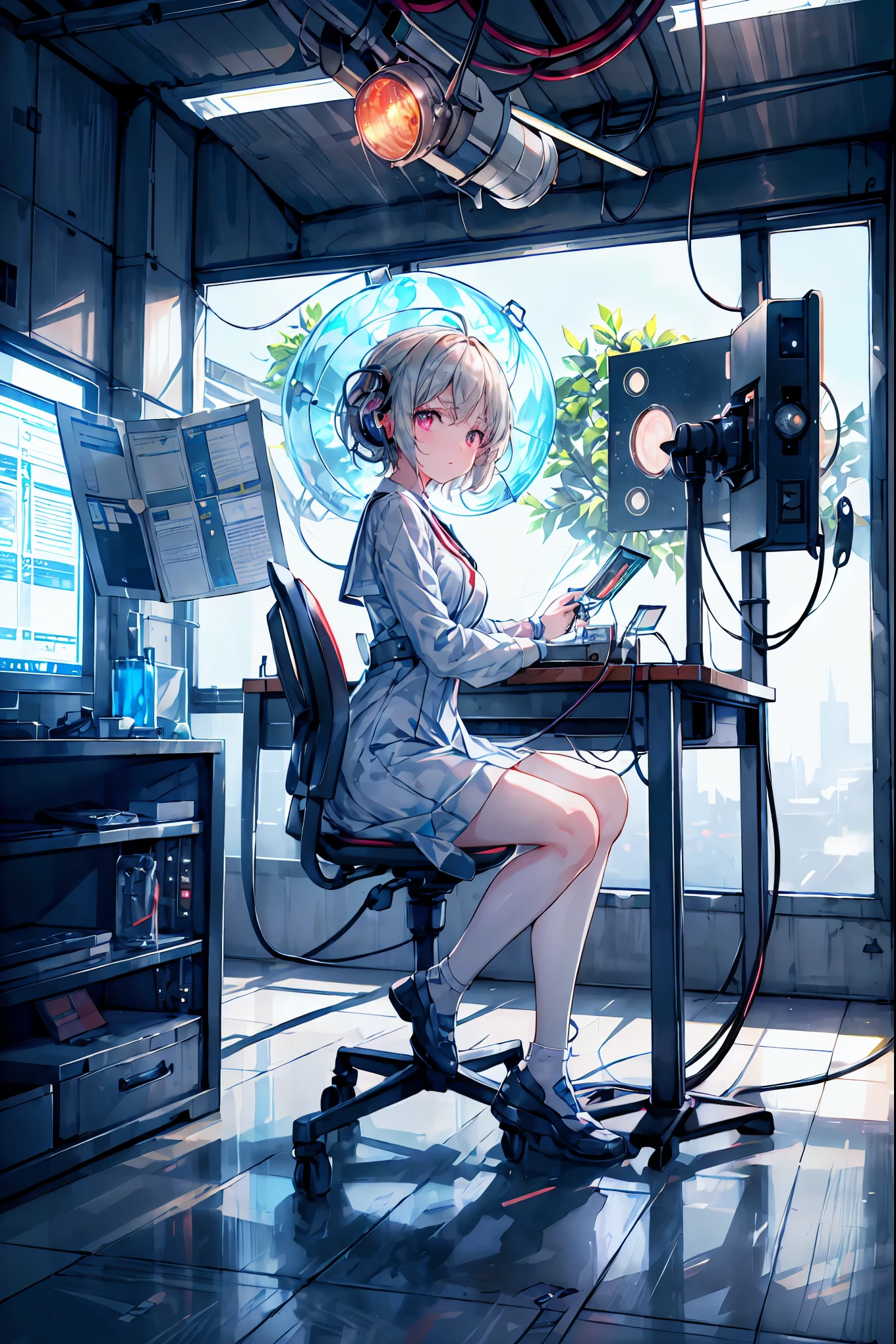 Forbidden Laboratory, a suspicious life form in a flask, Girl observing ,it was in school class,Myriad Devices Intertwined with Countless Cables and Wiring, Countless Monitors Light Up, Scientific Reason and Uncontrollable Desire, Realistic, high definition, Extremely Detailed Description, Photographic Realism, 4K, HDR, professional, bokeh, Creepy Atmosphere,, Dark laboratory equipment,Feeling nervous,Metallic Texture,Delicate Description,clean laboratory interior,scientist's experimental scene,Test tube,Medicines,gas emission device,spectrophotometer on the device,optical detector,computer terminal,complex chemical formula,laboratory desk and chair,hard glass dome,Background, fantasy, Amazing,