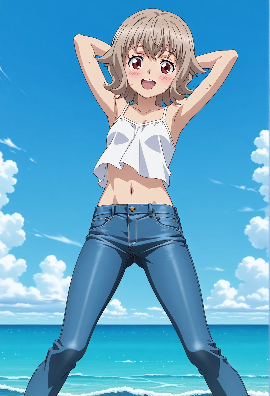 score_9, score_8_up, score_7_up, source_anime, highres, hi res, ((best quality, top quality, perfect quality, Highest Quality, amazing quality)), {{masterpiece}}, {{an extremely delicate and beautiful}}, 2d, intricate details, official style, anime, 8k, anime style, official_anime, official art, digital painting, cell shading, soft shading, high resolution, soothing tones, Subdued Color, Soft cinematic light, adobe lightroom, photolab, HDR, intricately and hyper-detailed, ((high quality animation)), 1 girl, Alone, solo, ((ocean)), tsunami, on the water, day, sunny, outdoors, sky, windy, Atra mixta, Gundam Iron Blooded Orphans, short hair, brown hair, red eyes, anime screencap, small breasts, white camisole top, crop top, white crop top, best quality, hyper-detailed jeans, ((blue jeans:1.9)), (dark blue jeans:0.6), full medium body, medium shot, Open mouth, smiling, happy face, blush, sweat, standing, ((arms behind head:6.0)), ((perfect arm line:2.5)), bowlegged, jumping pose, action, looking at viewer, spread legs, Bend knees slightly, straight-on front view
