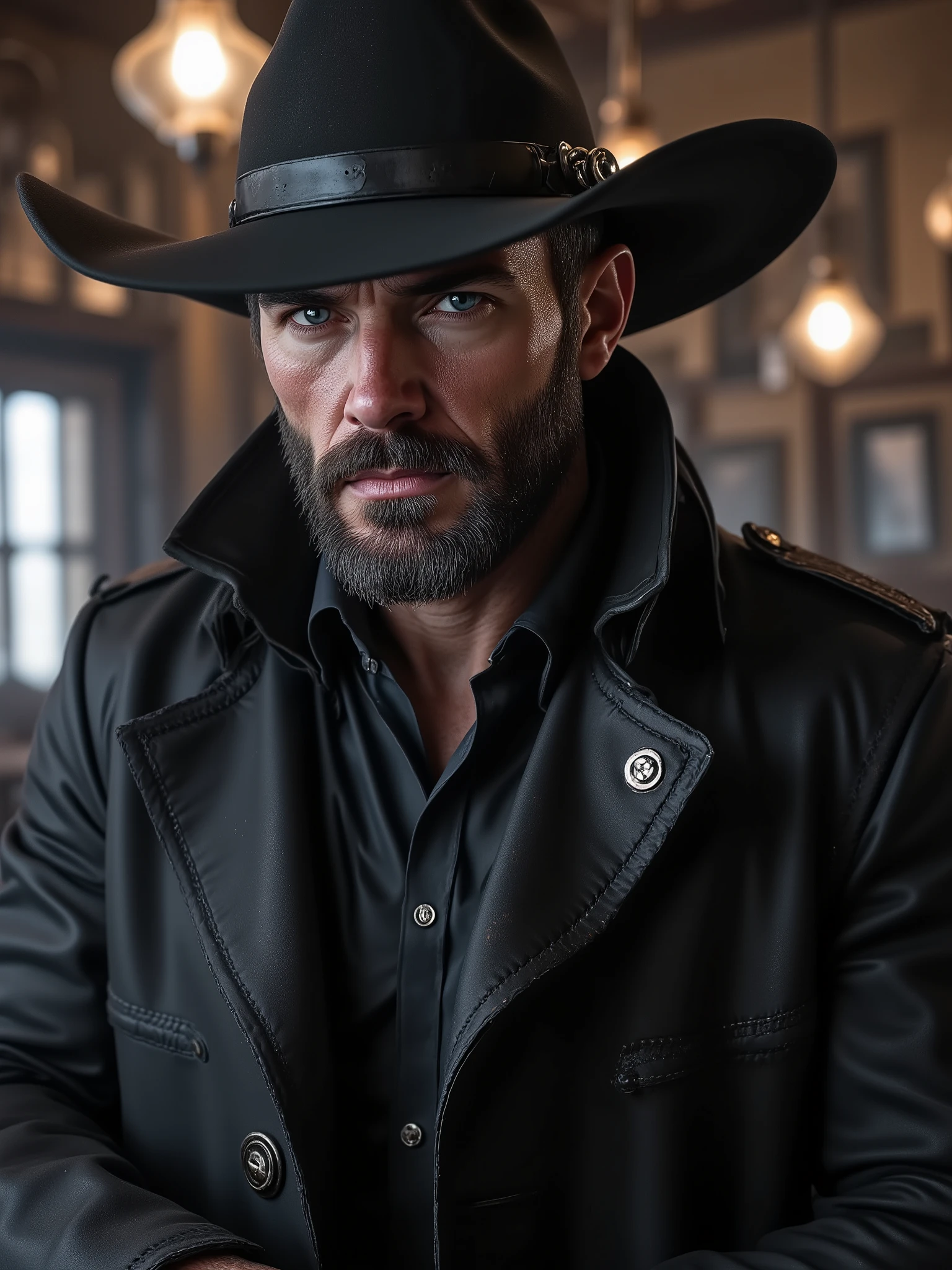 "Ultra-realistic close-up portrait of Jack Crowley, an elegant gunslinger dressed in black, wearing a wide-brimmed cowboy hat and a leather trench coat. His face shows a cold, serious expression with intense blue eyes and rugged stubble. Soft warm lighting from bar chandeliers reflects on the leather collar. The background is slightly blurred, showing a vintage saloon interior. Cinematic realism, sharp facial details, 8k photography, shallow depth of field, 1:1 composition."