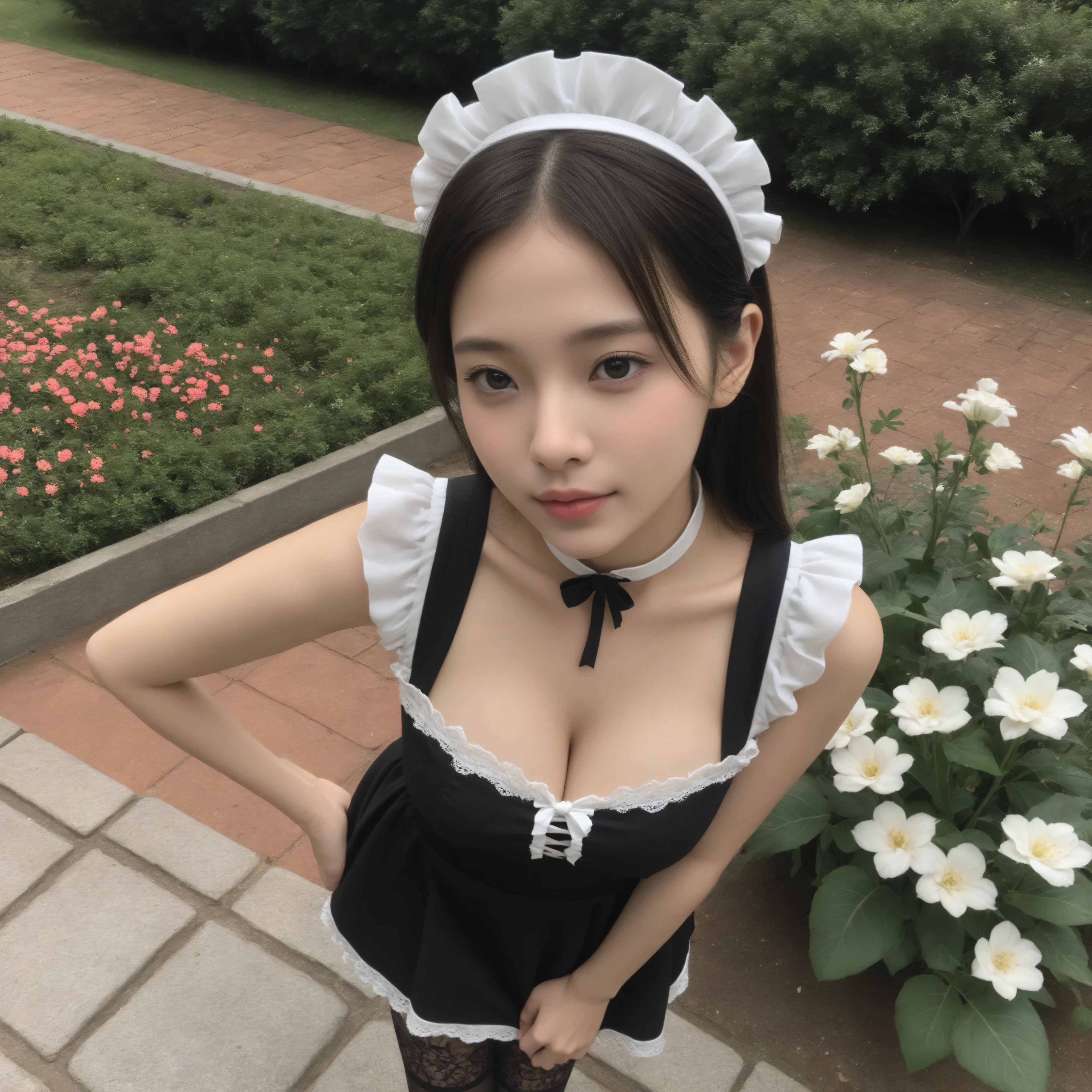 1 Girl、maids,Look at the audience,(skinny:1.29),(younger:1.24),from above,lean forward,(big boobs:1.19),is watering flowers outside the mansion,japanese,(smile Yang:0.10),black lace stockings