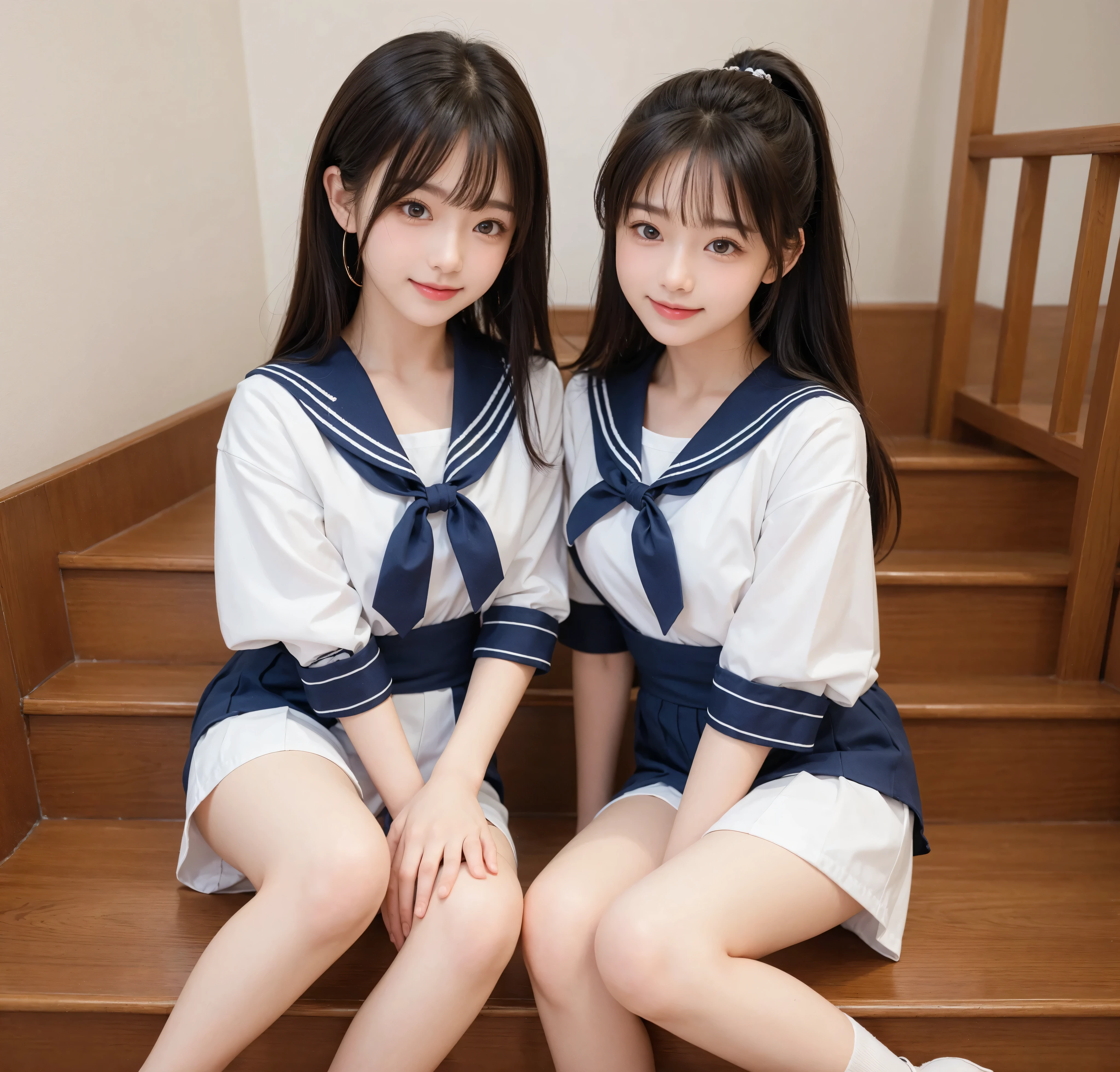 8K Wallpaper,younger、 sailor suit、白色の sailor suit、 mini skirt、 sitting on the stairs、 A slim figure with a belly button visible.、 girls、 fashionable hairstyle 、 sitting on the stairs、半袖の sailor suit、My Stomach Is Split in Two and I Can See Everything、 Tight Waist、 simple white sneakers,perfect dynamic configuration,actual image、 Highest Quality,happy expression、womanhood大学生,幼さの残る可愛い girls、 cute girls、womanhood、 Realistic Textures 、closes his eyes and smiles、 Cute Smiles、 amazing section,Natural lip shape,Natural Eye Shape 、size、 beautiful detailed eyes