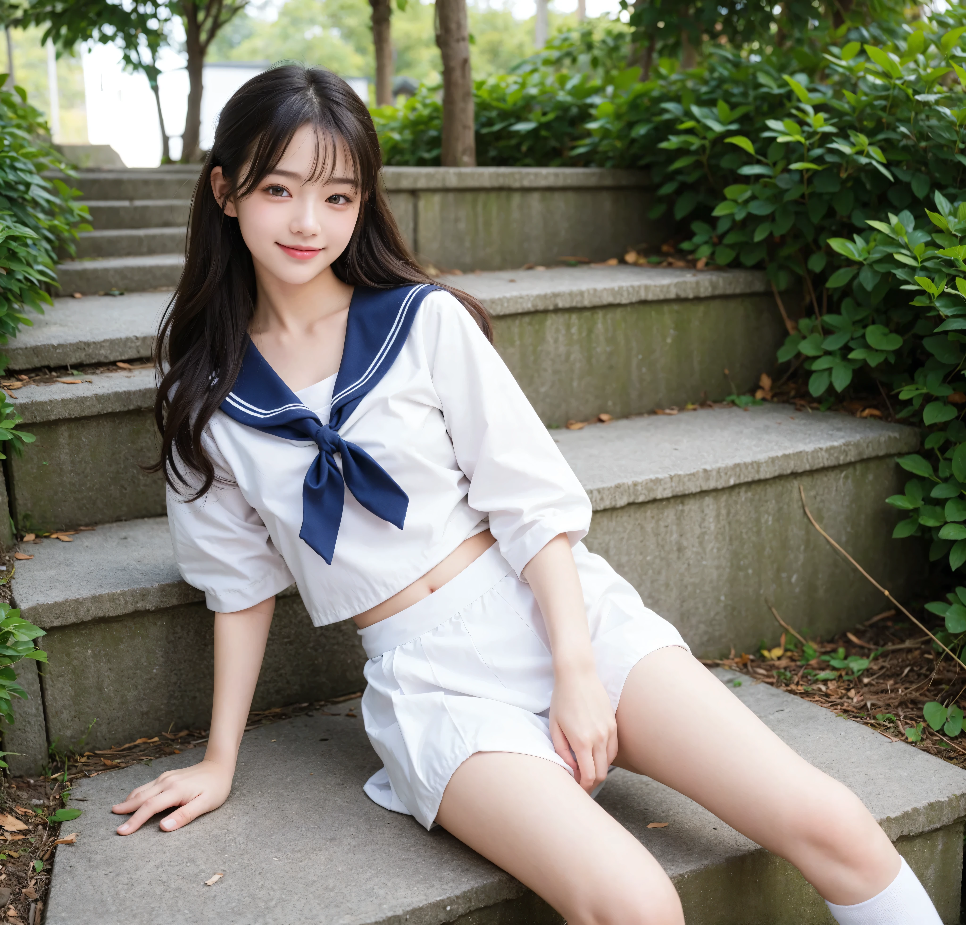 8K Wallpaper,younger、 sailor suit、白色の sailor suit、 mini skirt、 sitting on the stairs、 A slim figure with a belly button visible.、 girls、 fashionable hairstyle 、 sitting on the stairs、半袖の sailor suit、My Stomach Is Split in Two and I Can See Everything、 Tight Waist、 simple white sneakers,perfect dynamic configuration,actual image、 Highest Quality,happy expression、womanhood大学生,幼さの残る可愛い girls、 cute girls、womanhood、 Realistic Textures 、closes his eyes and smiles、 Cute Smiles、 amazing section,Natural lip shape,Natural Eye Shape 、size、 beautiful detailed eyes