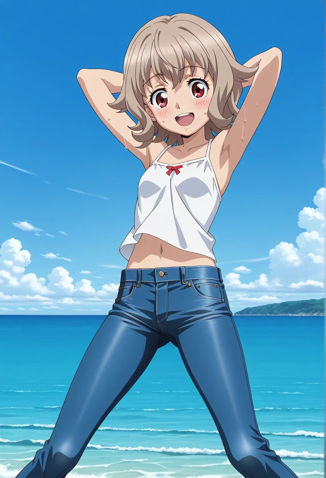 score_9, score_8_up, score_7_up, source_anime, highres, hi res, ((best quality, top quality, perfect quality, Highest Quality, amazing quality)), {{masterpiece}}, {{an extremely delicate and beautiful}}, 2d, intricate details, official style, anime, 8k, anime style, official_anime, official art, digital painting, cell shading, soft shading, high resolution, soothing tones, Subdued Color, Soft cinematic light, adobe lightroom, photolab, HDR, intricately and hyper-detailed, ((high quality animation)), 1 girl, Alone, solo, ((ocean)), tsunami, on the water, day, sunny, outdoors, sky, windy, Atra mixta, Gundam Iron Blooded Orphans, short hair, brown hair, red eyes, anime screencap, small breasts, white camisole top, crop top, white crop top, best quality, hyper-detailed jeans, ((blue jeans:1.9)), (dark blue jeans:0.6), full medium body, medium shot, Open mouth, smiling, happy face, blush, sweat, standing, ((arms behind head:6.0)), ((perfect arm line:2.5)), bowlegged, jumping pose, action, looking at viewer, spread legs, Bend knees slightly, straight-on front view