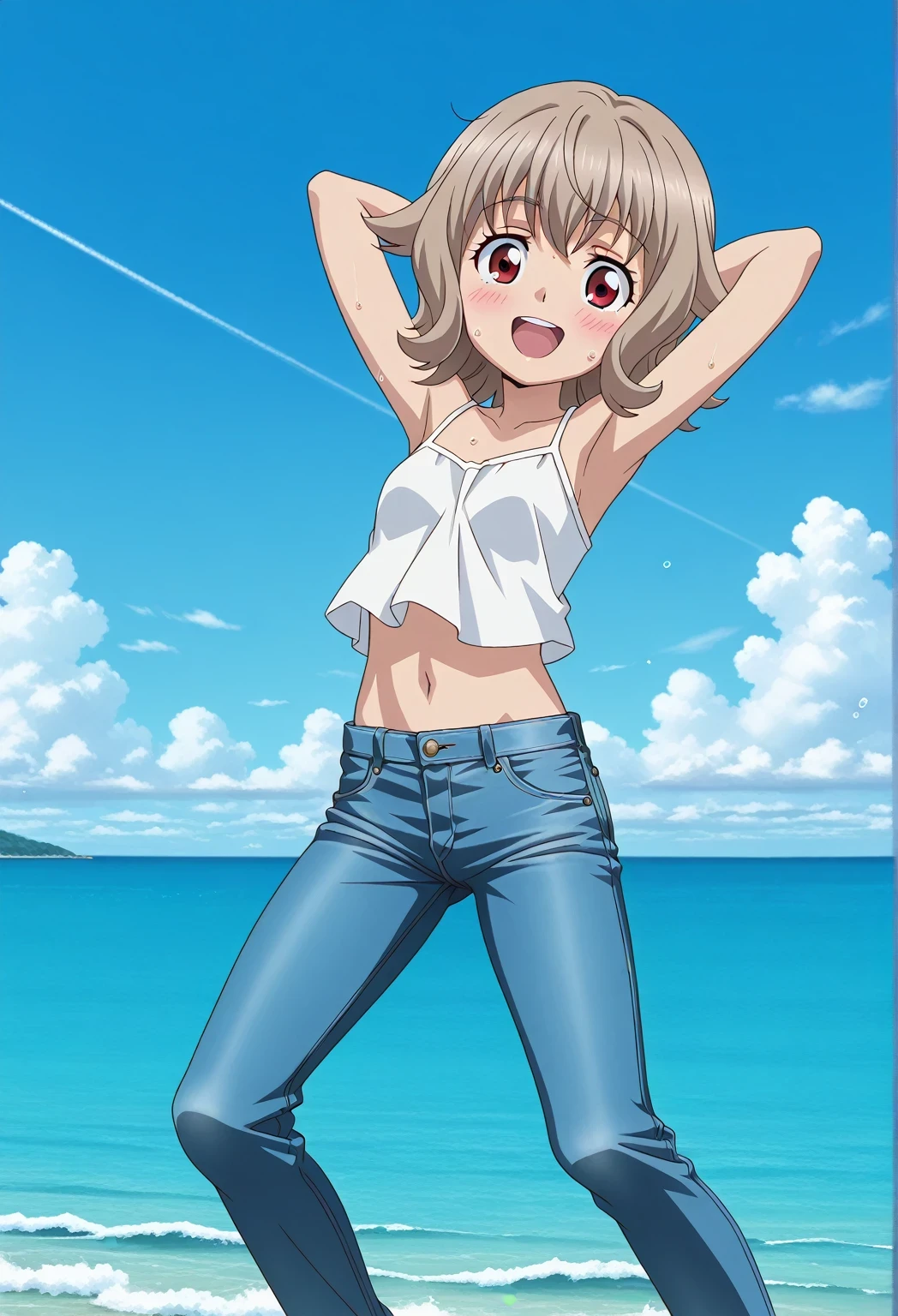 score_9, score_8_up, score_7_up, source_anime, highres, hi res, ((best quality, top quality, perfect quality, Highest Quality, amazing quality)), {{masterpiece}}, {{an extremely delicate and beautiful}}, 2d, intricate details, official style, anime, 8k, anime style, official_anime, official art, digital painting, cell shading, soft shading, high resolution, soothing tones, Subdued Color, Soft cinematic light, adobe lightroom, photolab, HDR, intricately and hyper-detailed, ((high quality animation)), 1 girl, Alone, solo, ((ocean)), tsunami, on the water, day, sunny, outdoors, sky, windy, Atra mixta, Gundam Iron Blooded Orphans, short hair, brown hair, red eyes, anime screencap, small breasts, white camisole top, crop top, white crop top, best quality, hyper-detailed jeans, ((blue jeans:1.9)), (dark blue jeans:0.6), full medium body, medium shot, Open mouth, smiling, happy face, blush, sweat, standing, ((arms behind head:6.0)), ((perfect arm line:2.5)), bowlegged, jumping pose, action, looking at viewer, spread legs, Bend knees slightly, straight-on front view