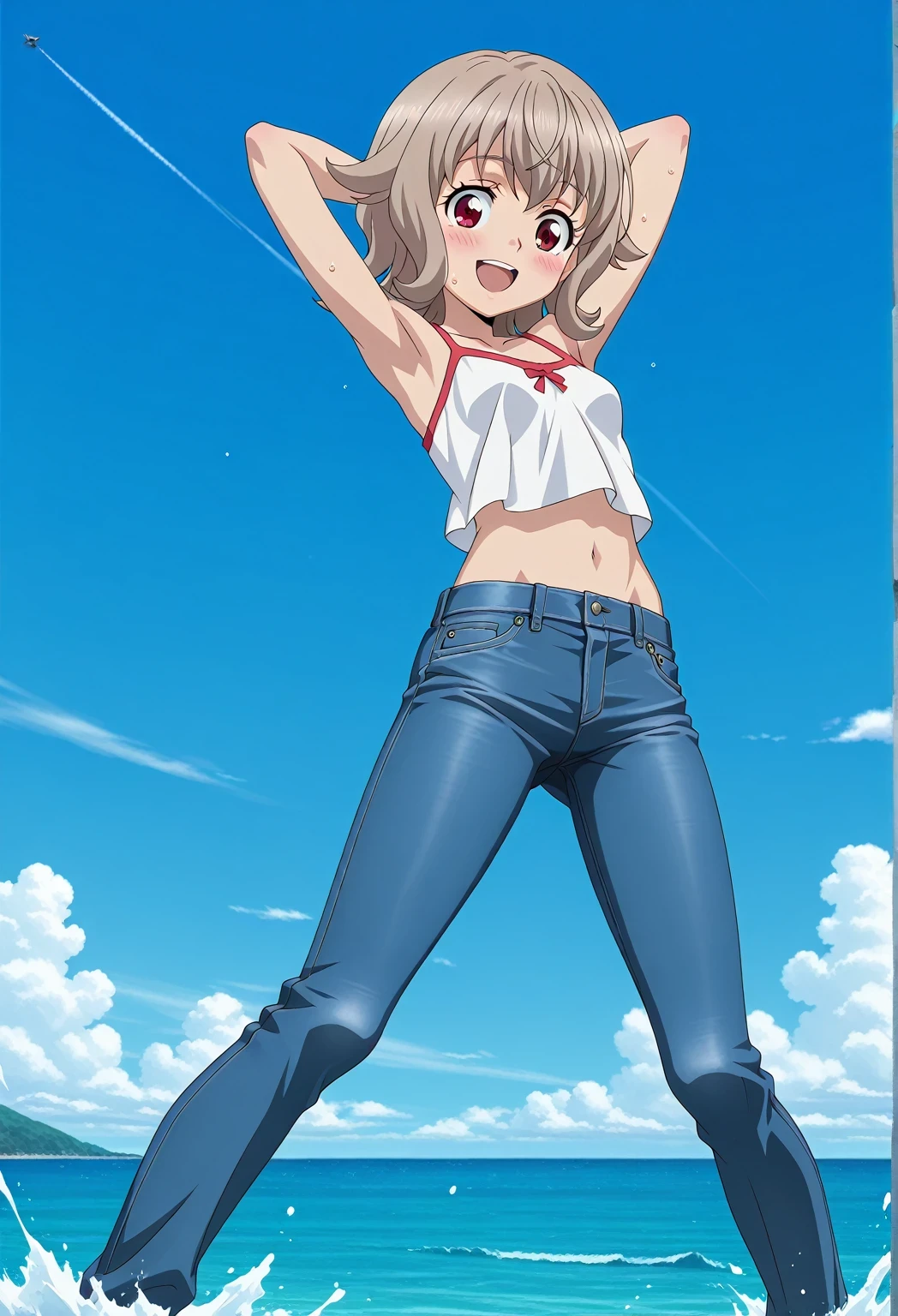 score_9, score_8_up, score_7_up, source_anime, highres, hi res, ((best quality, top quality, perfect quality, Highest Quality, amazing quality)), {{masterpiece}}, {{an extremely delicate and beautiful}}, 2d, intricate details, official style, anime, 8k, anime style, official_anime, official art, digital painting, cell shading, soft shading, high resolution, soothing tones, Subdued Color, Soft cinematic light, adobe lightroom, photolab, HDR, intricately and hyper-detailed, ((high quality animation)), 1 girl, Alone, solo, ((ocean)), tsunami, on the water, day, sunny, outdoors, sky, windy, Atra mixta, Gundam Iron Blooded Orphans, short hair, brown hair, red eyes, anime screencap, small breasts, white camisole top, crop top, white crop top, best quality, hyper-detailed jeans, ((blue jeans:1.9)), (dark blue jeans:0.6), full medium body, medium shot, Open mouth, smiling, happy face, blush, sweat, standing, ((arms behind head:6.0)), ((perfect arm line:2.5)), bowlegged, jumping pose, action, looking at viewer, spread legs, Bend knees slightly, straight-on front view