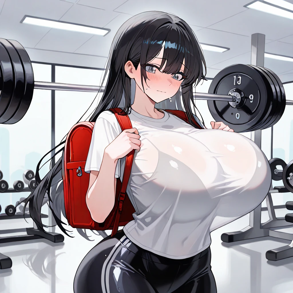 Hime cut with long black hair、Has straight bangs and blue eyes、A girl with ??????????? is at the gym。She's wearing workout clothes、Exercising with dumbbells。The face is sweaty and red。The background shows a gym.。No dialogue