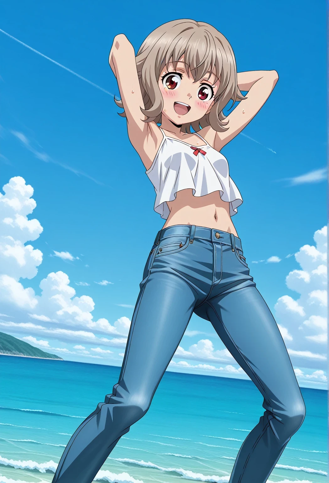 score_9, score_8_up, score_7_up, source_anime, highres, hi res, ((best quality, top quality, perfect quality, Highest Quality, amazing quality)), {{masterpiece}}, {{an extremely delicate and beautiful}}, 2d, intricate details, official style, anime, 8k, anime style, official_anime, official art, digital painting, cell shading, soft shading, high resolution, soothing tones, Subdued Color, Soft cinematic light, adobe lightroom, photolab, HDR, intricately and hyper-detailed, ((high quality animation)), 1 girl, Alone, solo, ((ocean)), tsunami, on the water, day, sunny, outdoors, sky, windy, Atra mixta, Gundam Iron Blooded Orphans, short hair, brown hair, red eyes, anime screencap, small breasts, white camisole top, crop top, white crop top, best quality, hyper-detailed jeans, ((blue jeans:1.9)), (dark blue jeans:0.6), full medium body, medium shot, Open mouth, smiling, happy face, blush, sweat, standing, ((arms behind head:6.0)), ((perfect arm line:2.5)), bowlegged, jumping pose, action, looking at viewer, spread legs, Bend knees slightly, straight-on front view