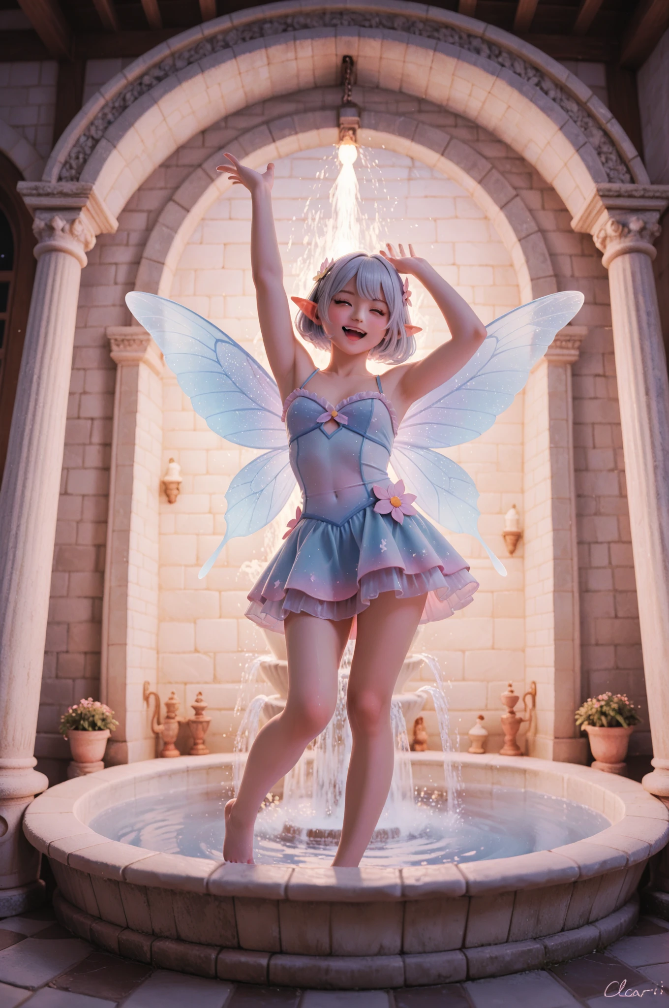 (8K、Live shooting、realistic:1.25)、1 girl、Tinkerbell looks like a 22 year old girl with a beautiful face、on top of an old castle、The moon is out、(silver hair、dance in the air:1.2)、fairy wings are transparent、whole body、luminous ?????? swimsuit、Shorts swimsuit、lip gloss、Glossy skin、highest quality、ultra high resolution、