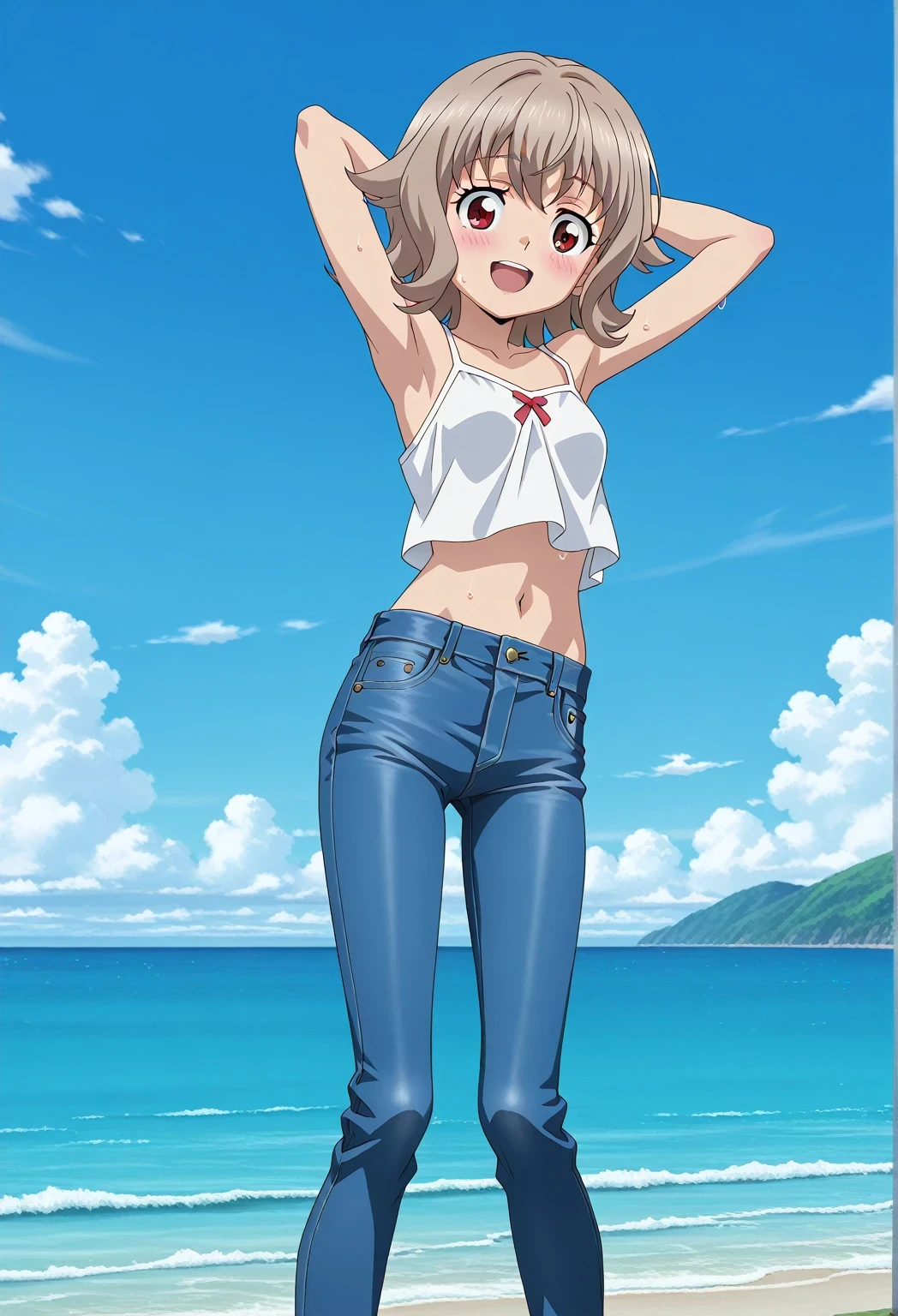 score_9, score_8_up, score_7_up, source_anime, highres, hi res, ((best quality, top quality, perfect quality, Highest Quality, amazing quality)), {{masterpiece}}, {{an extremely delicate and beautiful}}, 2d, intricate details, official style, anime, 8k, anime style, official_anime, official art, digital painting, cell shading, soft shading, high resolution, soothing tones, Subdued Color, Soft cinematic light, adobe lightroom, photolab, HDR, intricately and hyper-detailed, ((high quality animation)), 1 girl, Alone, solo, ((ocean)), tsunami, on the water, day, sunny, outdoors, sky, windy, Atra mixta, Gundam Iron Blooded Orphans, short hair, brown hair, red eyes, anime screencap, small breasts, white camisole top, crop top, white crop top, best quality, hyper-detailed jeans, ((blue jeans:1.9)), (dark blue jeans:0.6), full medium body, medium shot, Open mouth, smiling, happy face, blush, sweat, standing, ((arms behind head:6.0)), ((perfect arm line:2.5)), bowlegged, jumping pose, action, looking at viewer, spread legs, Bend knees slightly, straight-on front view